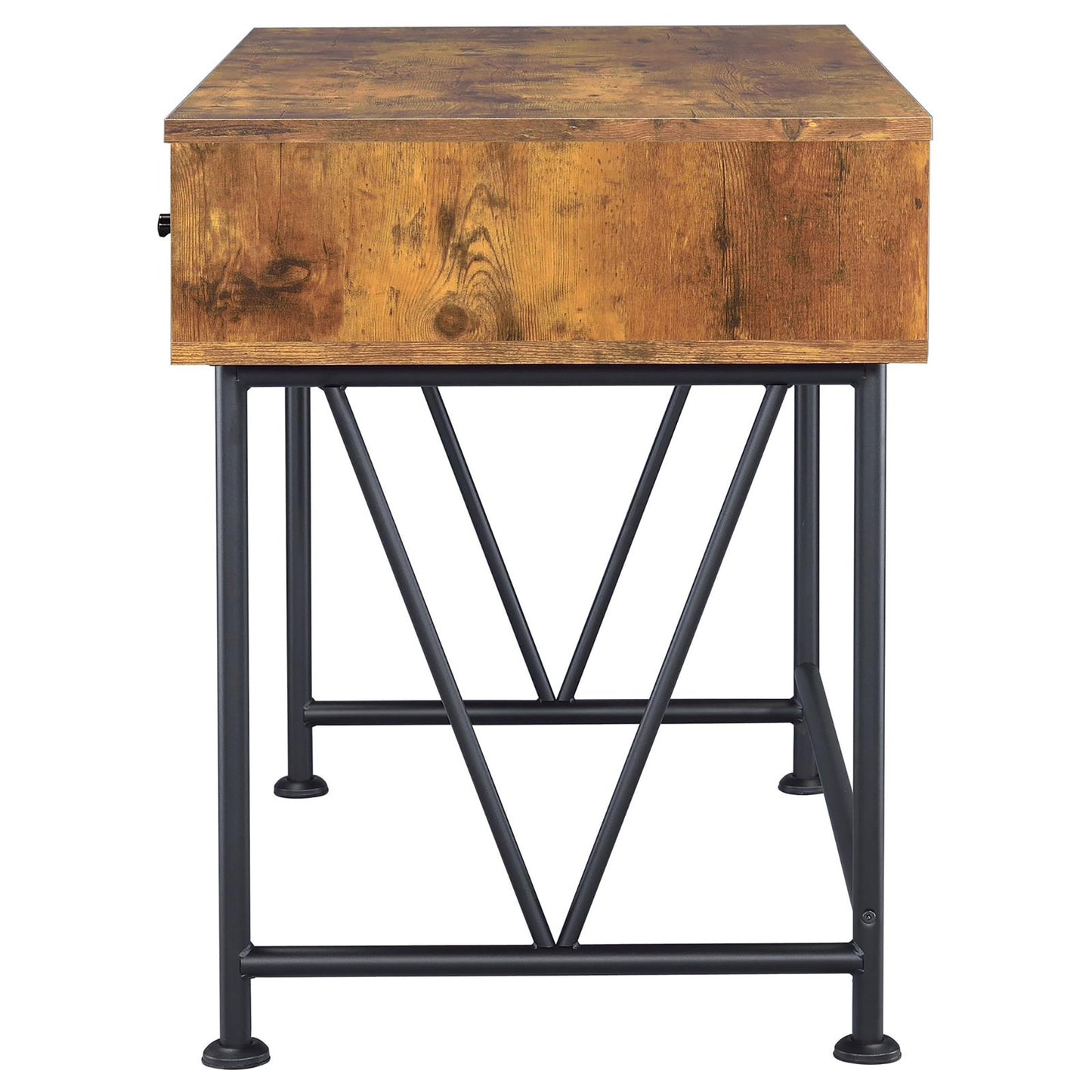 Industrial wood desk with a weathered finish and black metal legs featuring a single drawer