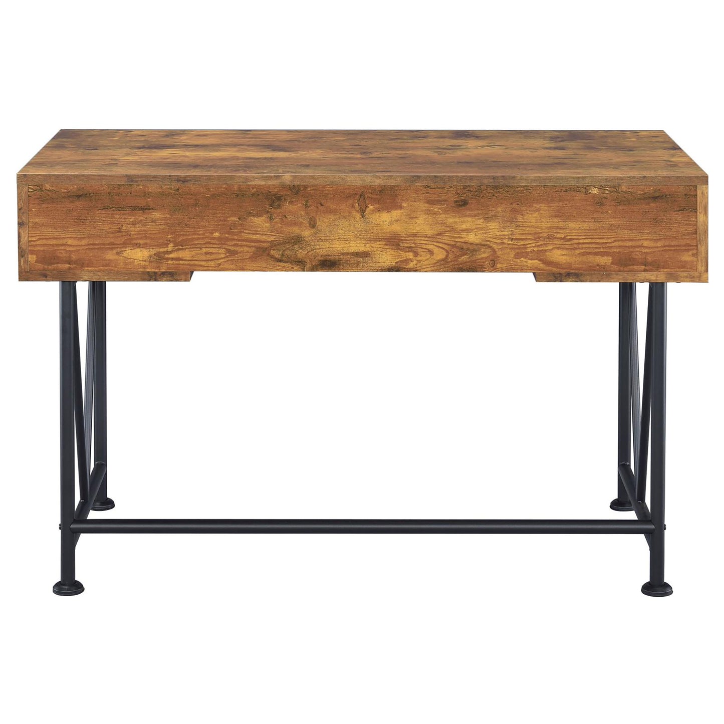 Rustic wooden desk with black metal legs and one drawer