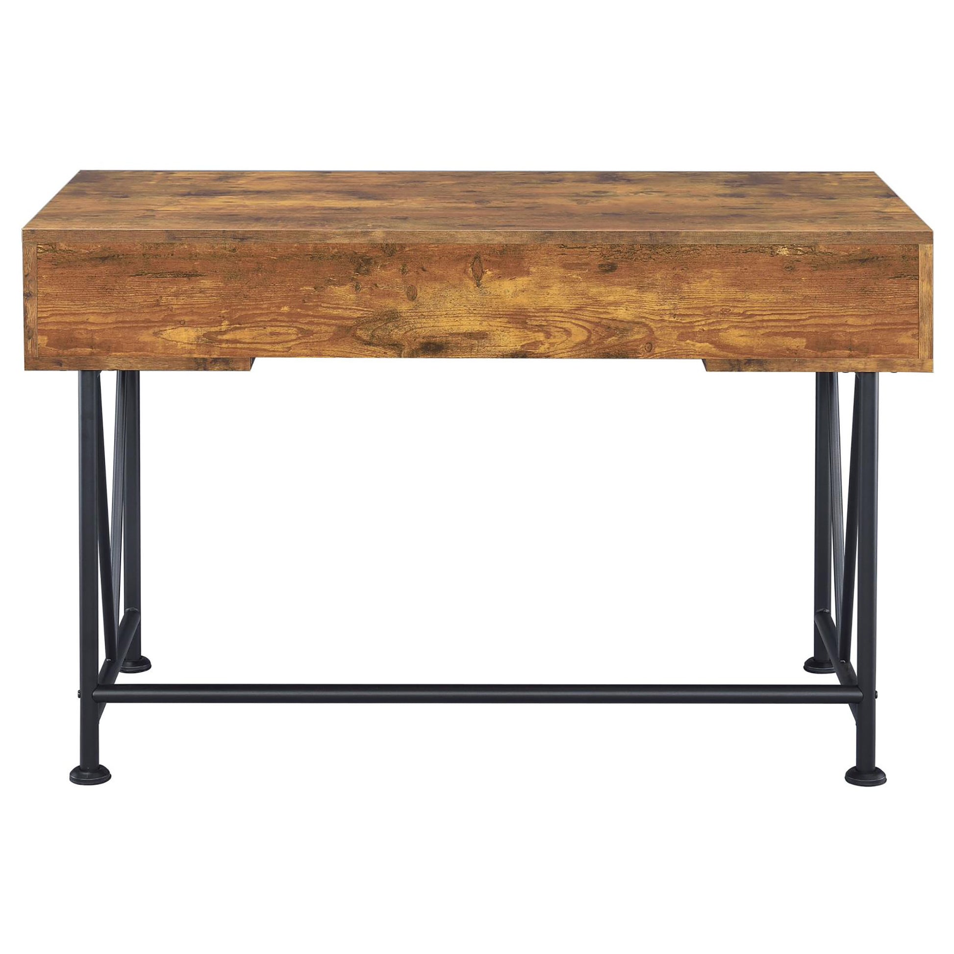 Rustic wooden desk with black metal legs and one drawer