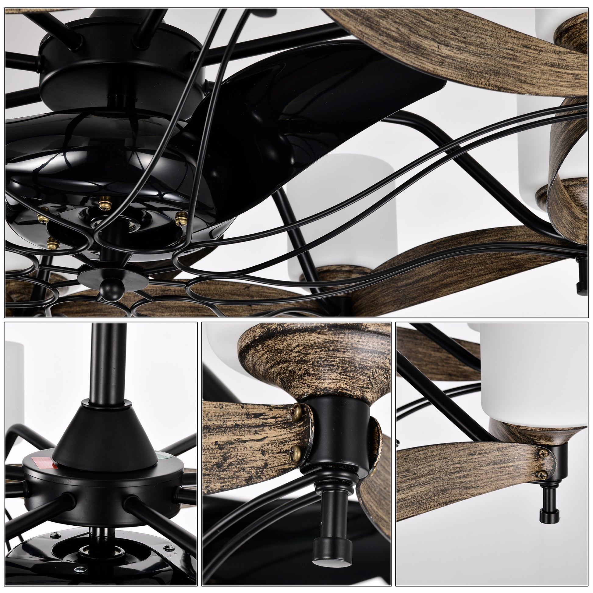 Closeup of black ceiling fan motor housing and shiny blades