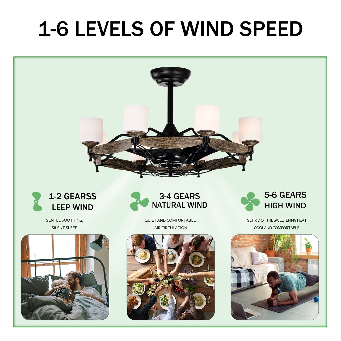 Black and rustic wood blade ceiling fan with frosted glass lights adjustable wind speed for home use