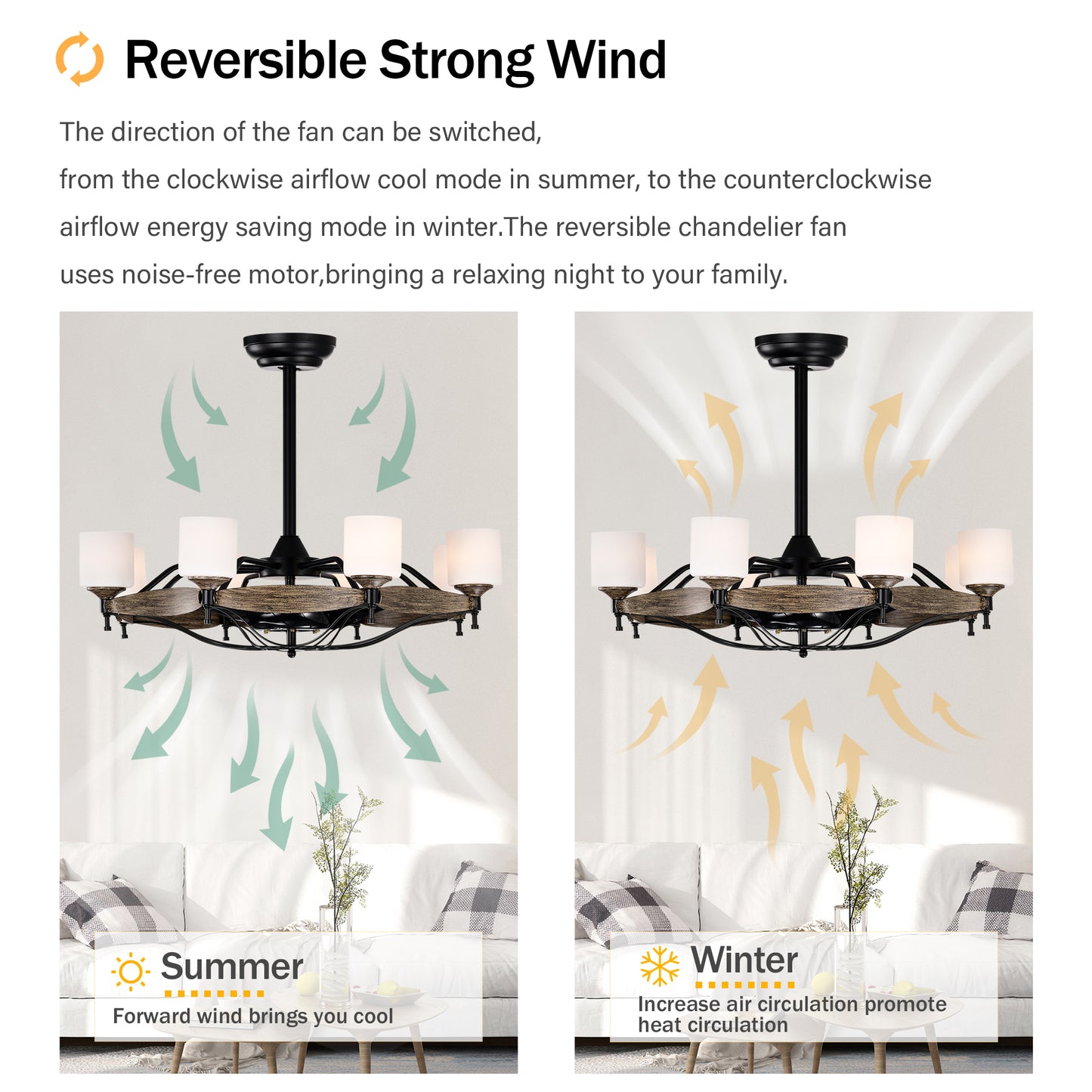 Black reversible chandelier fan with rustic wood accents in summer mode with downward airflow