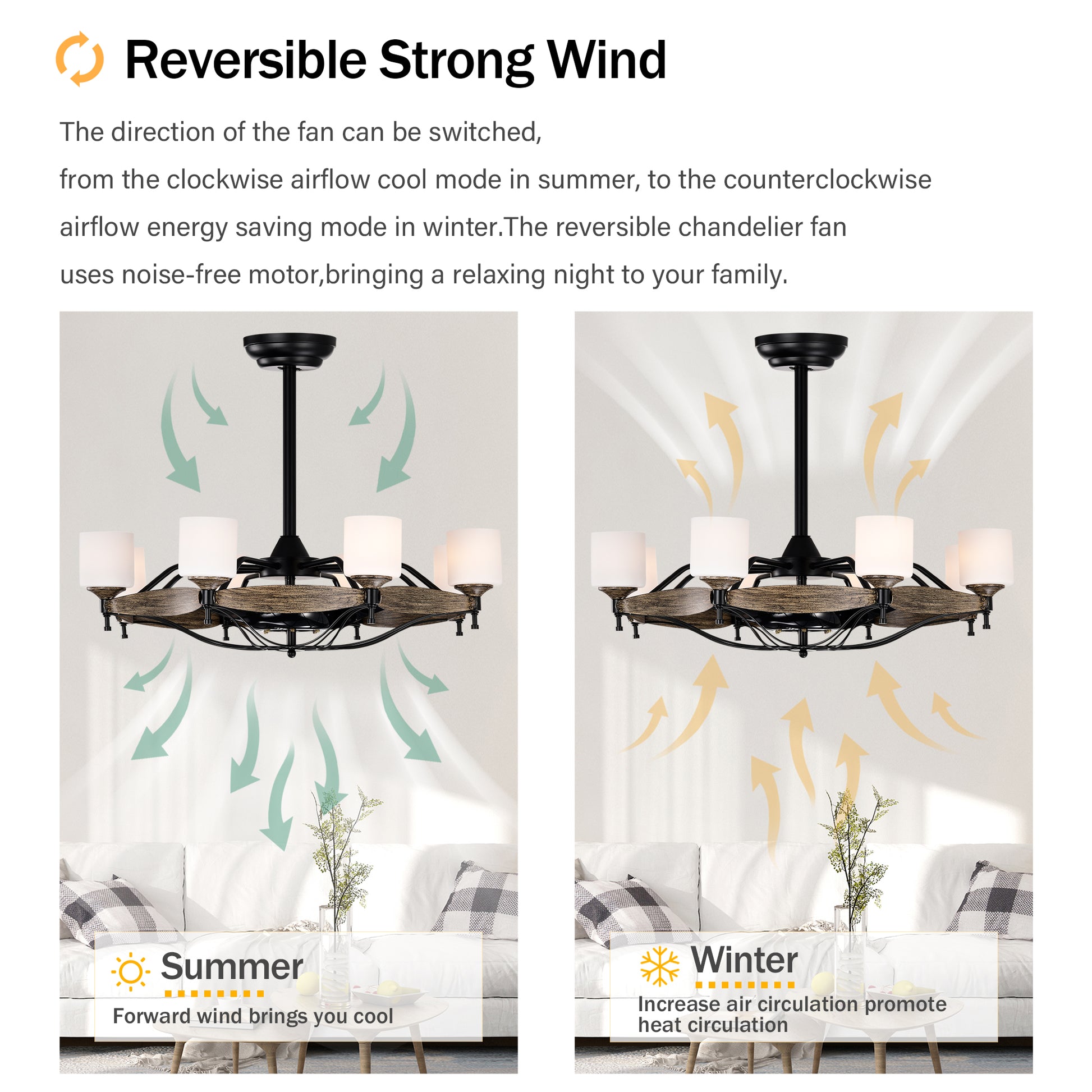 Black reversible chandelier fan with rustic wood accents in summer mode with downward airflow