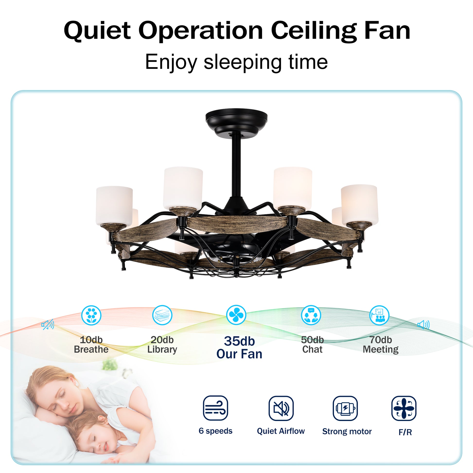 Rustic wood and black finish ceiling fan with  frosted glass shades