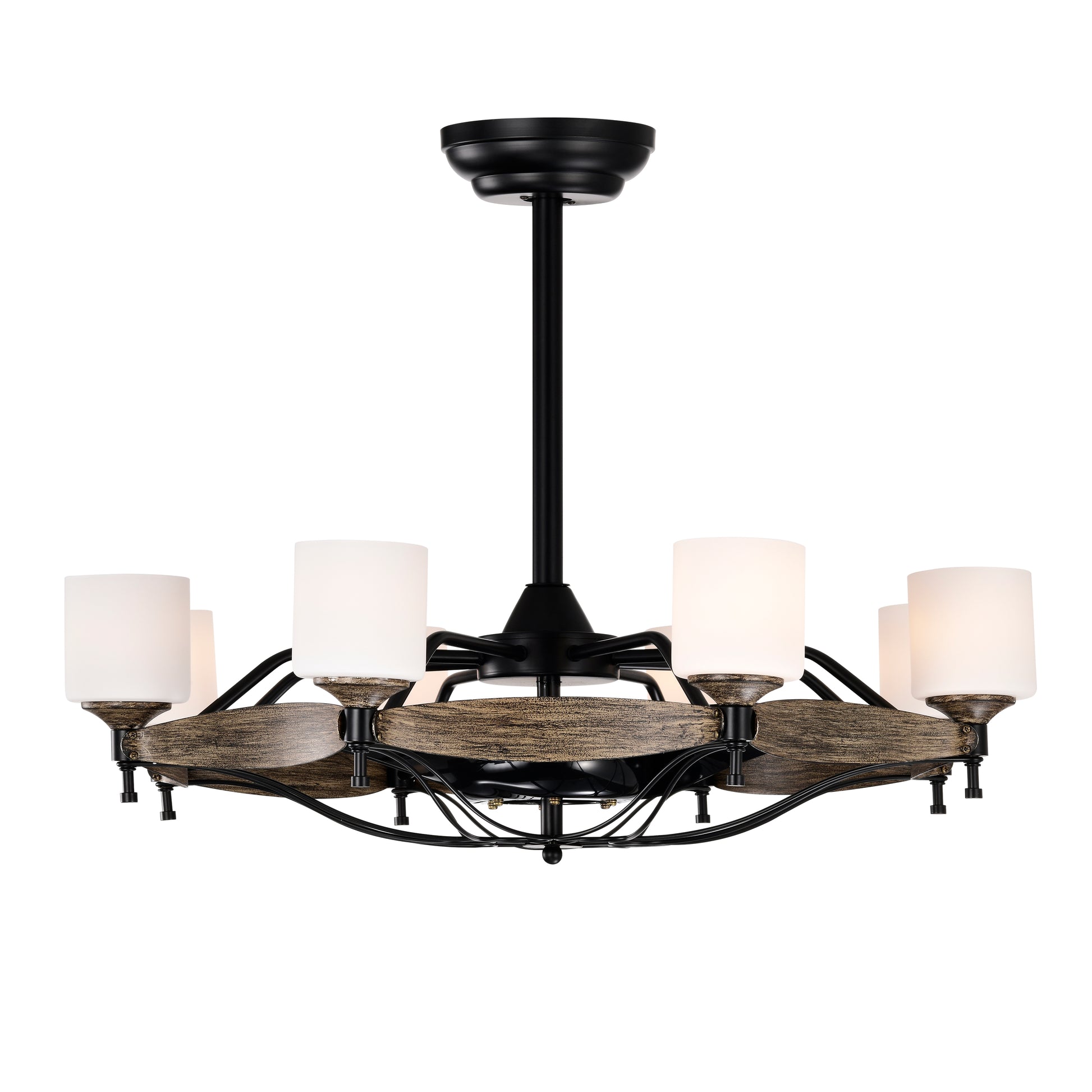 Black farmhouse chandelier with wood accent and frosted glass shades