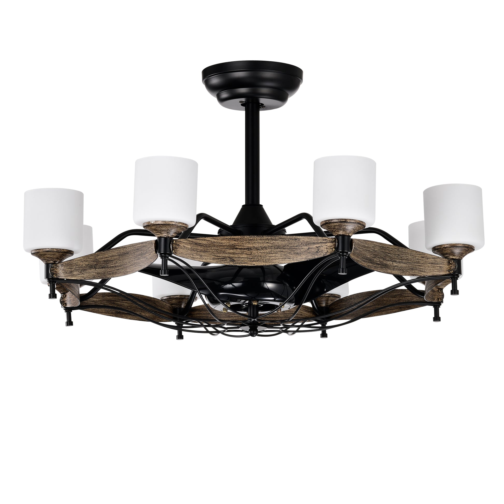 Rustic wood and black metal chandelier with white glass shades light fixture