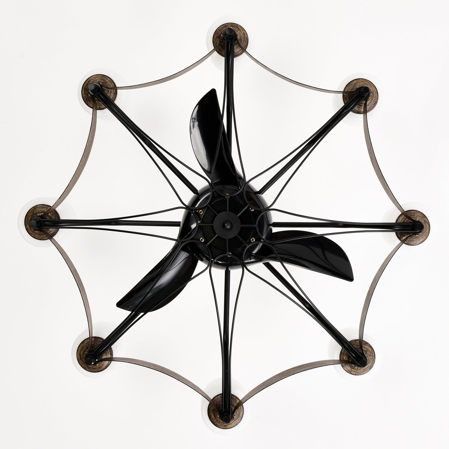 Black modern ceiling fan with sculpted blades and metallic accents