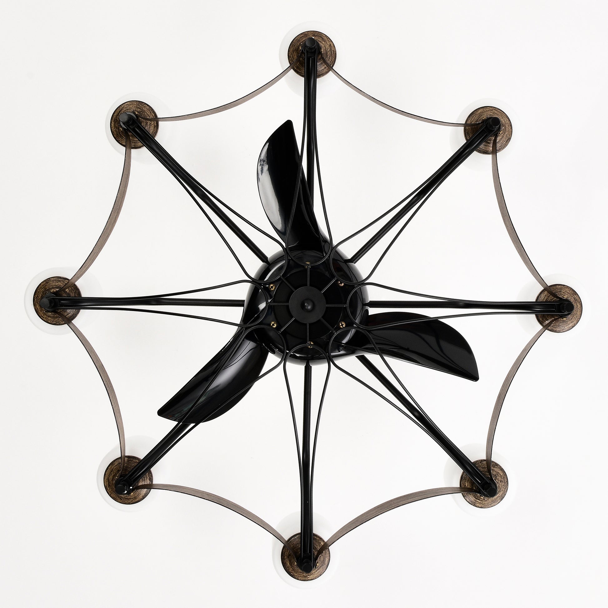 Black modern ceiling fan with sculpted blades and metallic accents