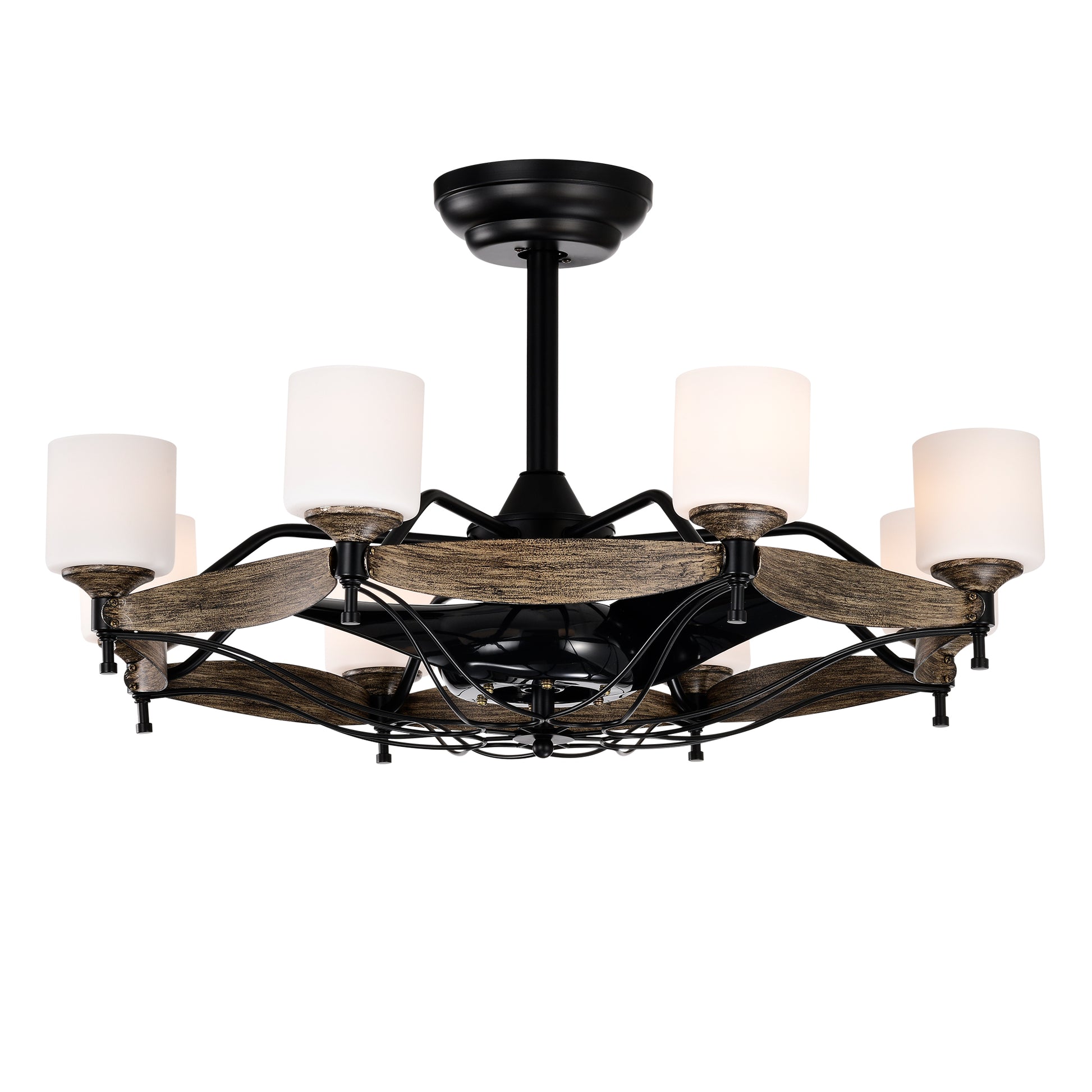 Farmhouse style light black and wood chandelier with frosted glass shades