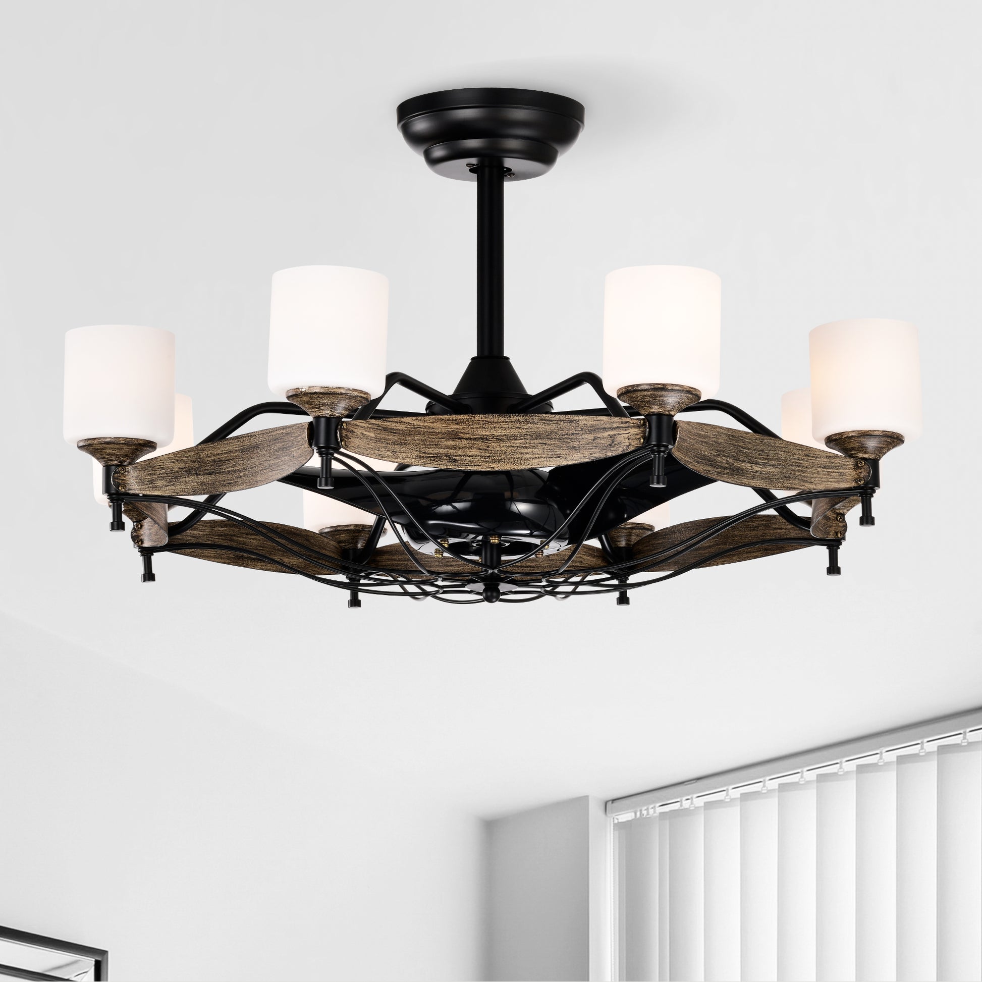 Rustic ceiling fan with faux wood accents and six frosted glass lights