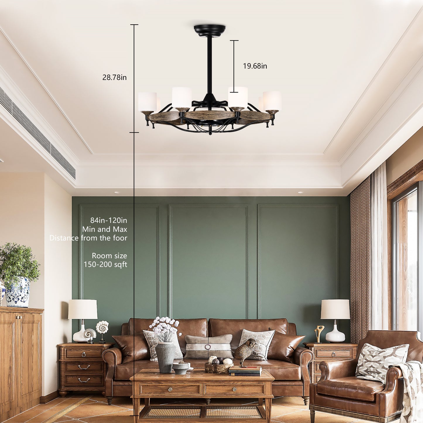 Farmhouse light chandelier with black metal and wood accents for dining rooms