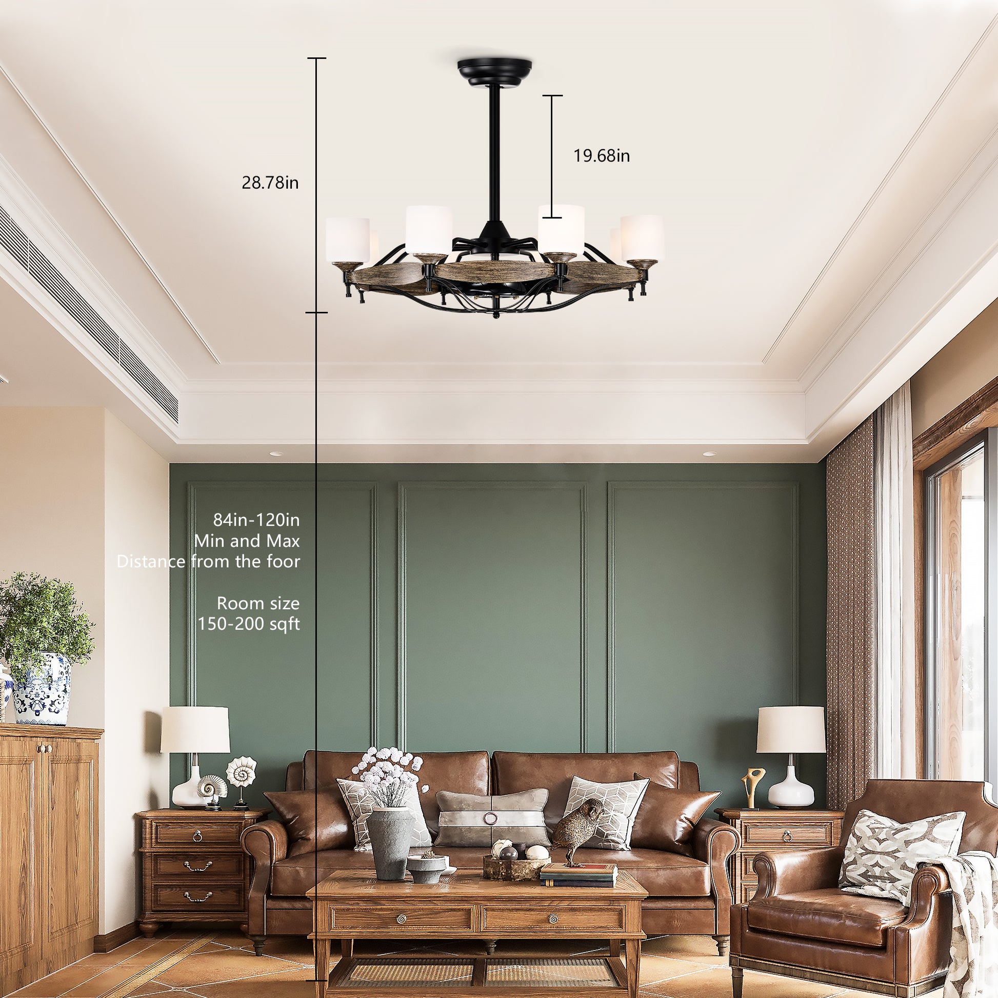 Farmhouse light chandelier with black metal and wood accents for dining rooms
