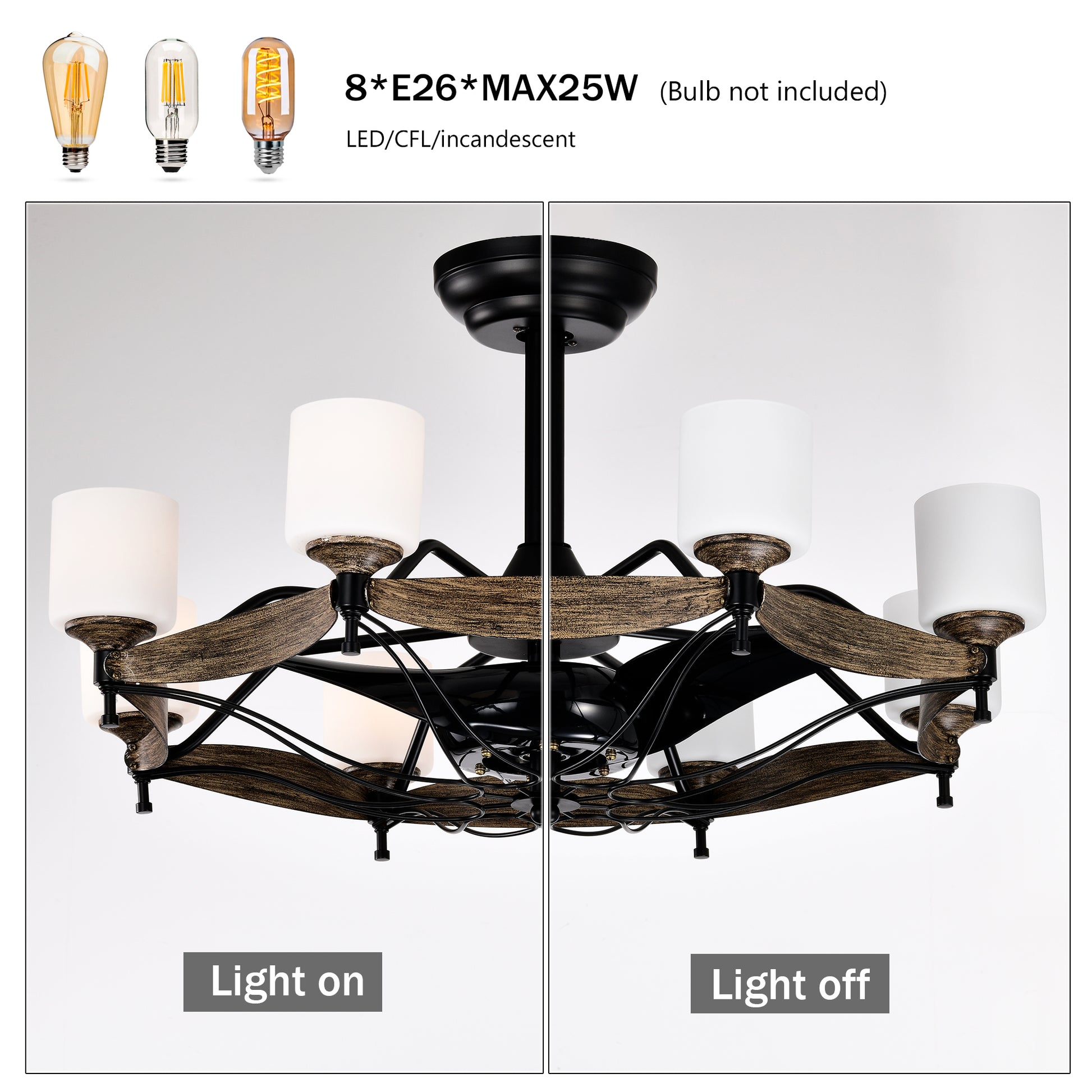 Rustic farmhouse light chandelier with faux wood accents and frosted glass shades