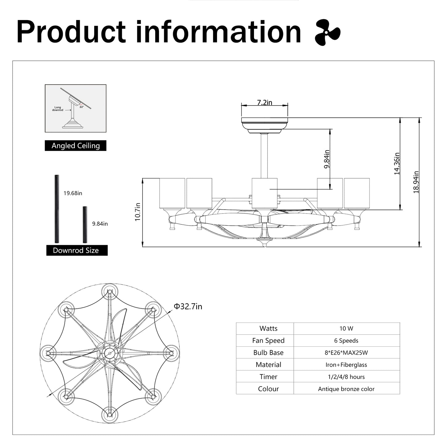 Diagram of antique bronze ceiling fan with dimensions showing in canopy and in height