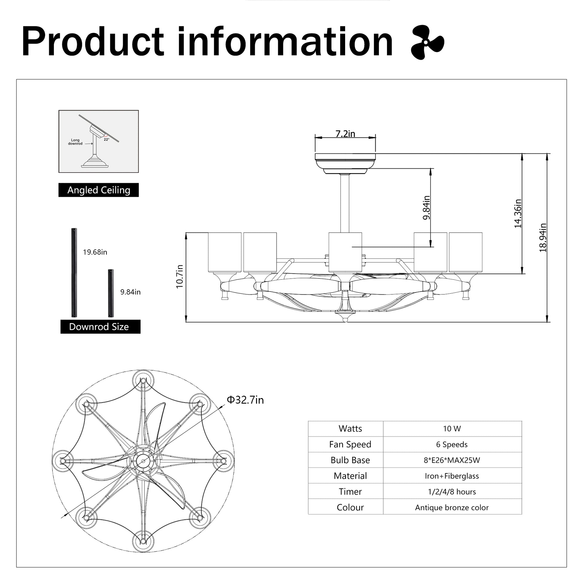 Diagram of antique bronze ceiling fan with dimensions showing in canopy and in height