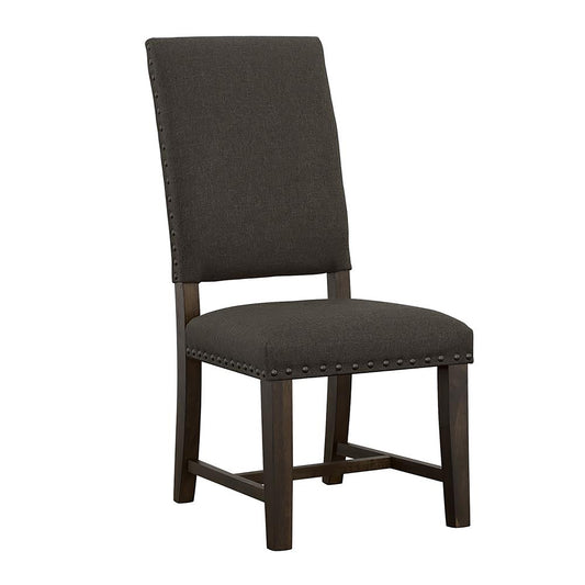 Dark gray upholstered dining chair with nailhead trim and dark wood legs