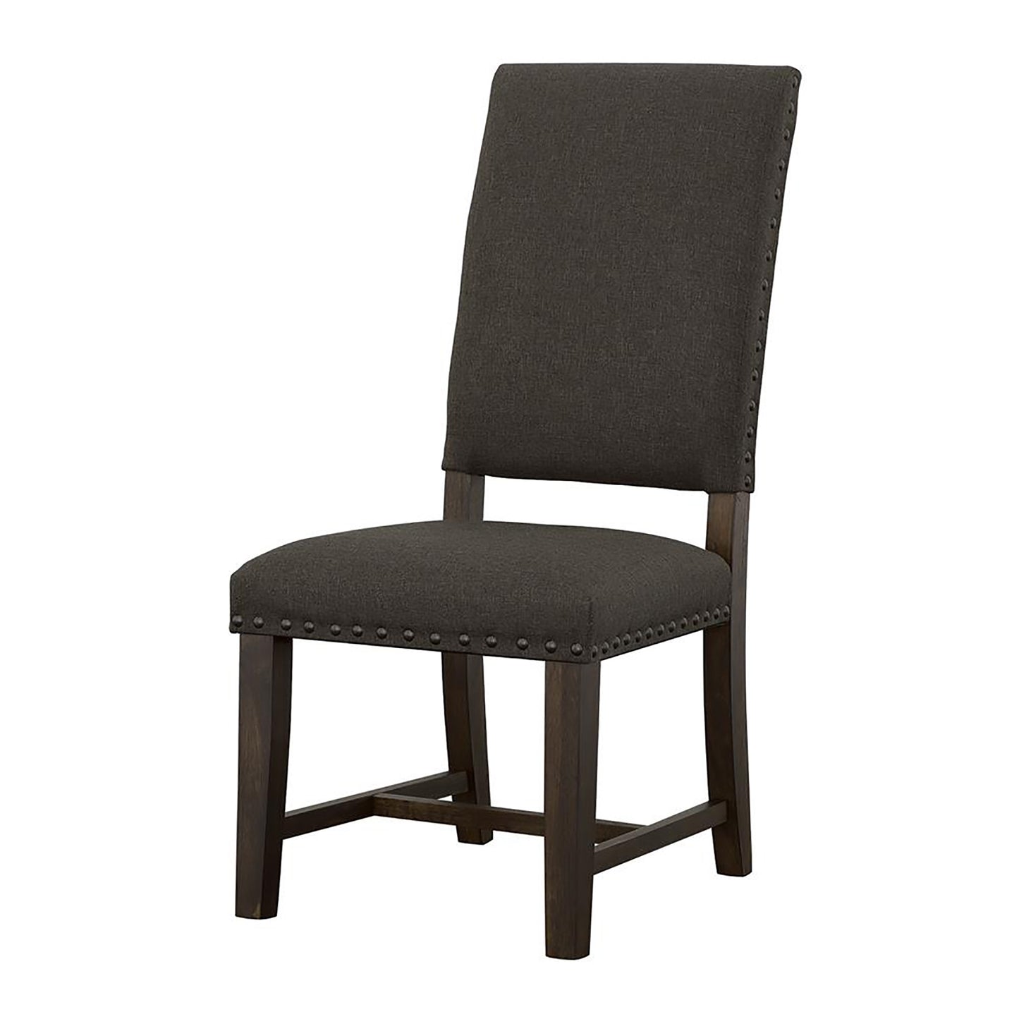 Dark gray upholstered dining chair with nailhead trim and dark wood legs