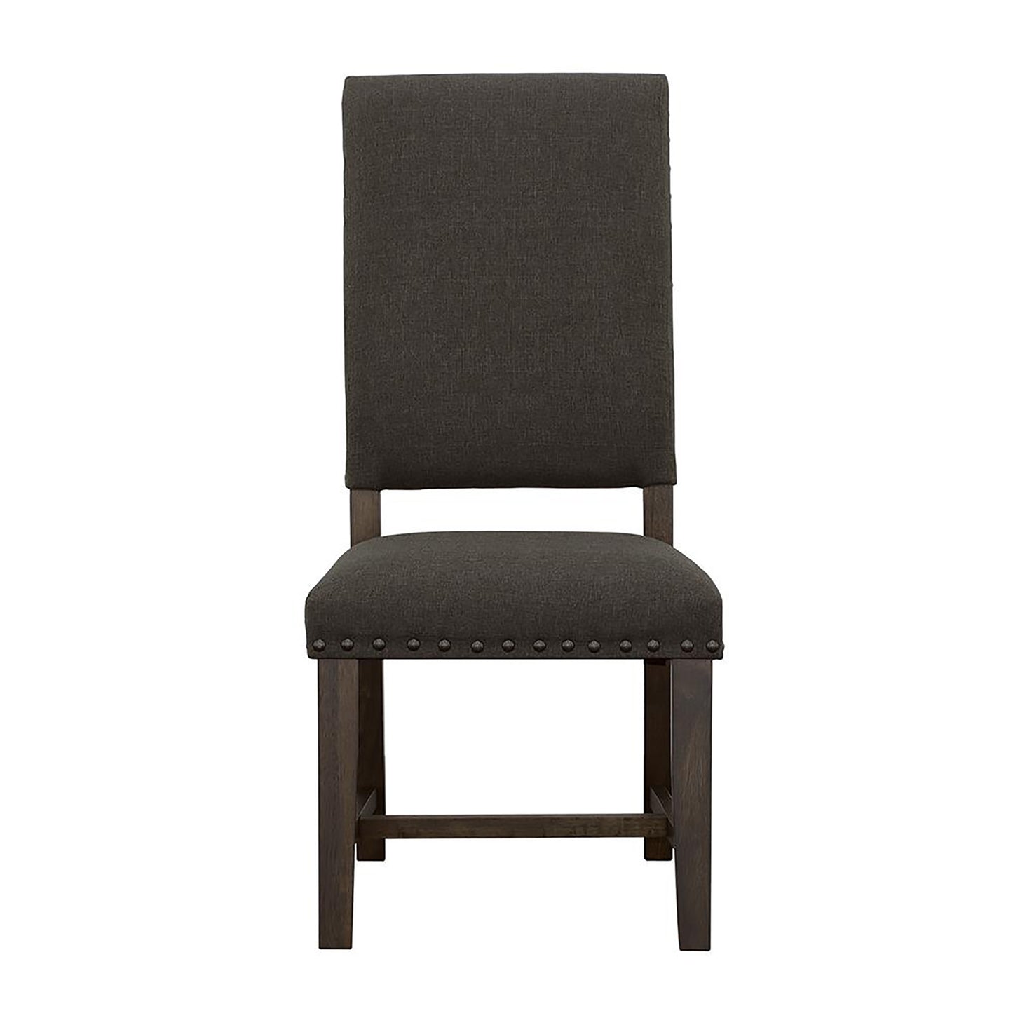 Dark gray upholstered dining chair with nailhead trim and wooden legs