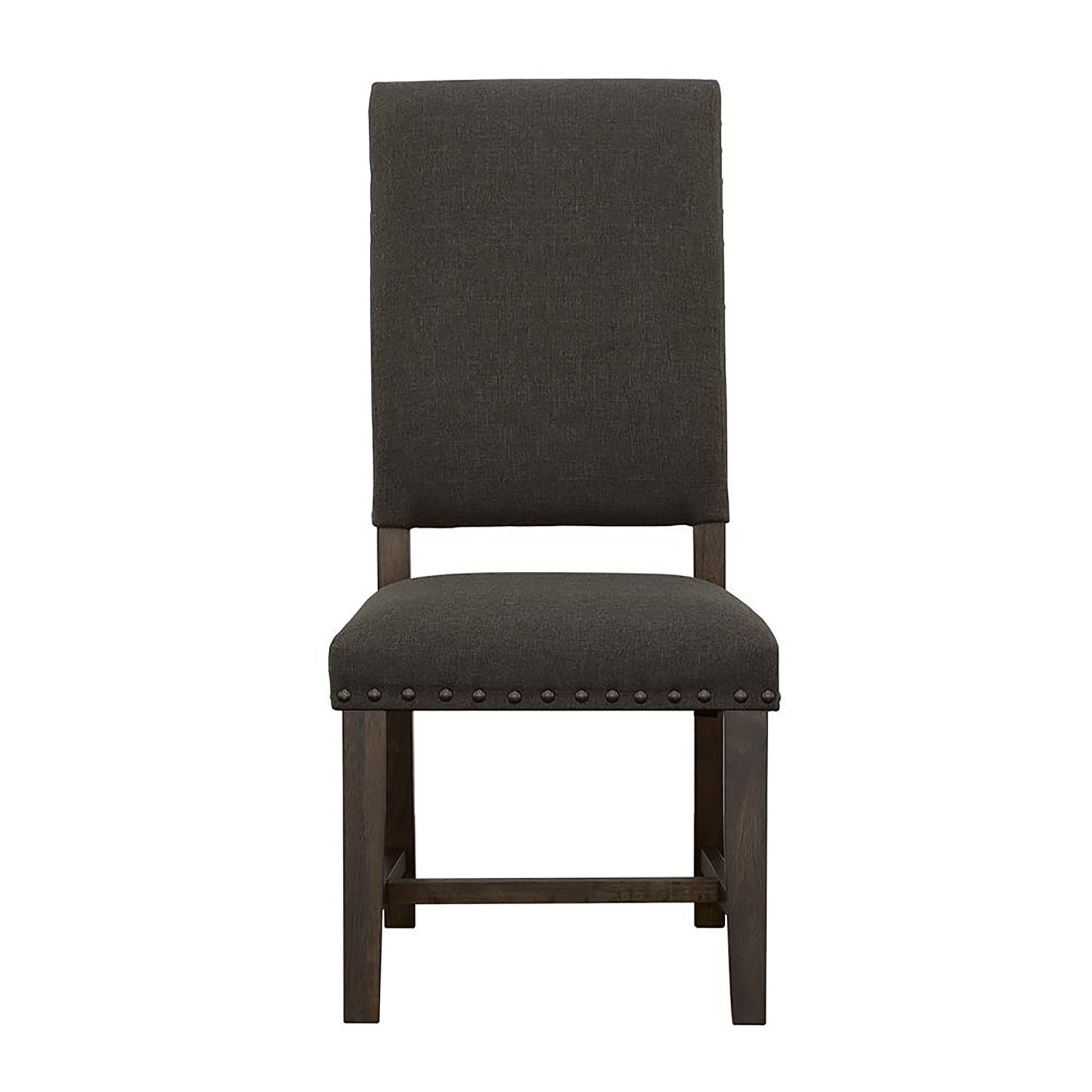 Dark gray upholstered dining chair with nailhead trim and wooden legs
