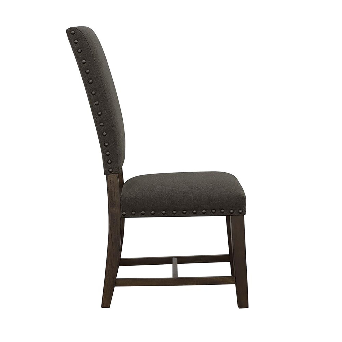 Dark gray upholstered dining chair with nailhead trim and wooden legs