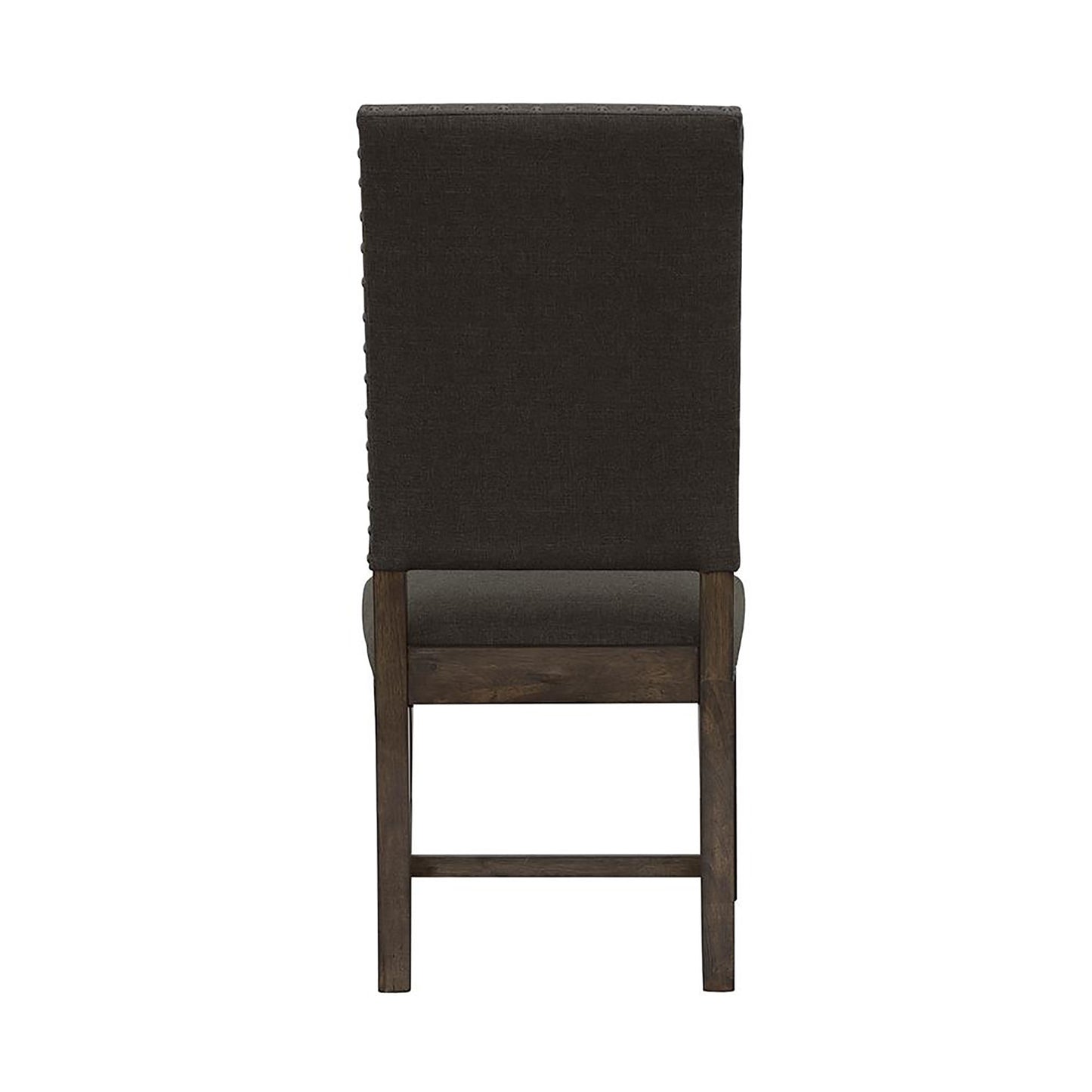 Upholstered dining chair with dark brown fabric nailhead trim and a wooden frame