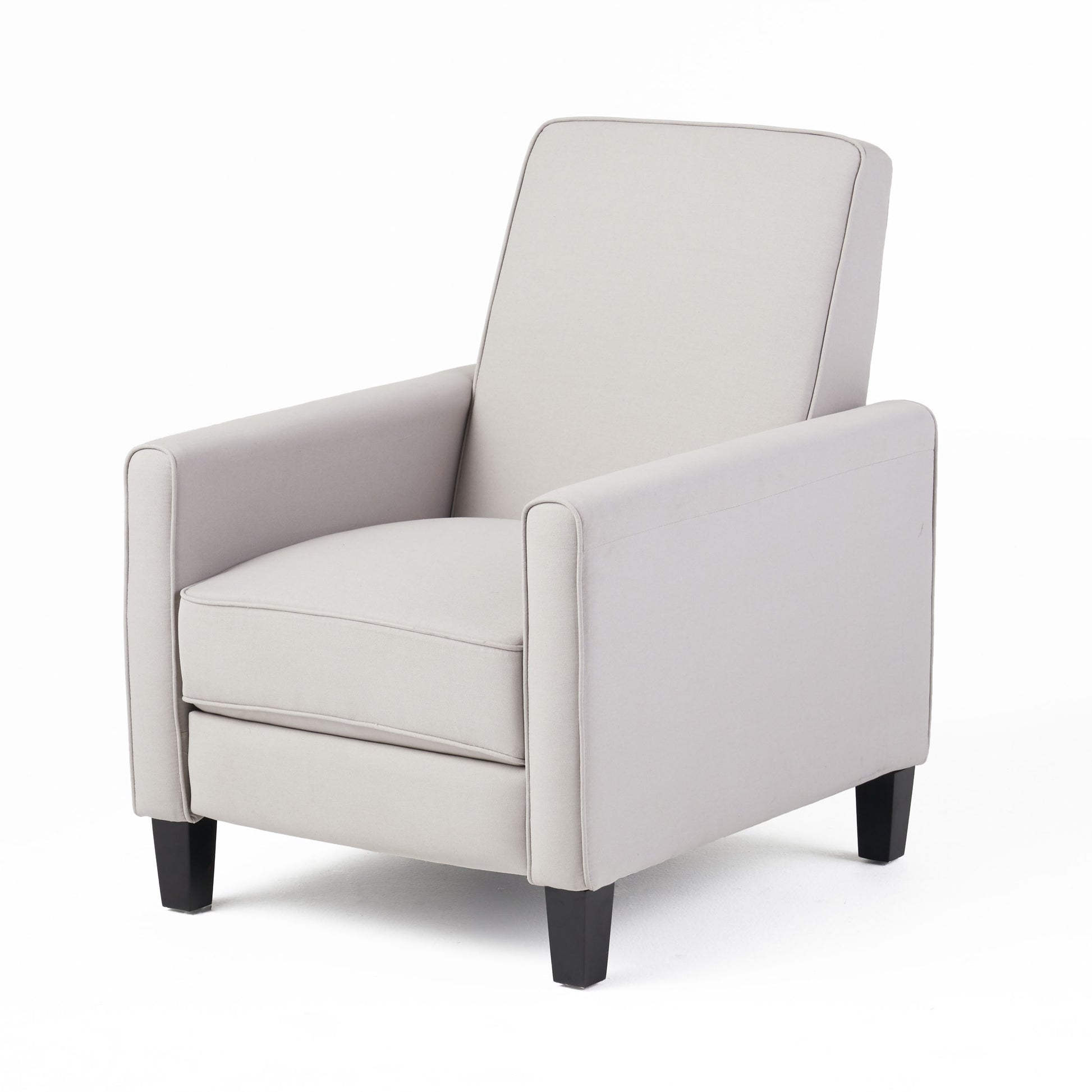 Light gray fabric armchair with square arms and dark wood legs