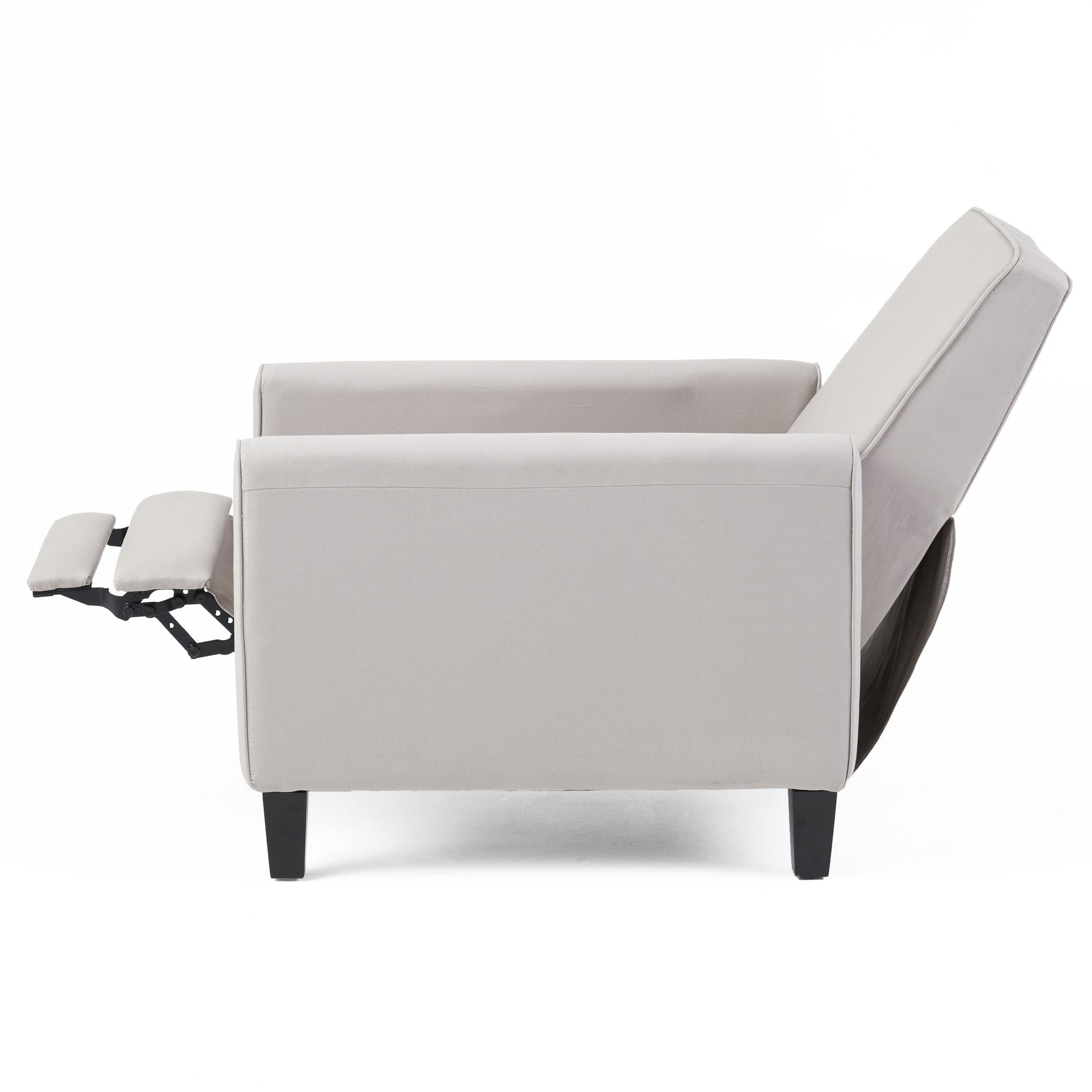 Side view of a light gray recliner armchair with extended footrest