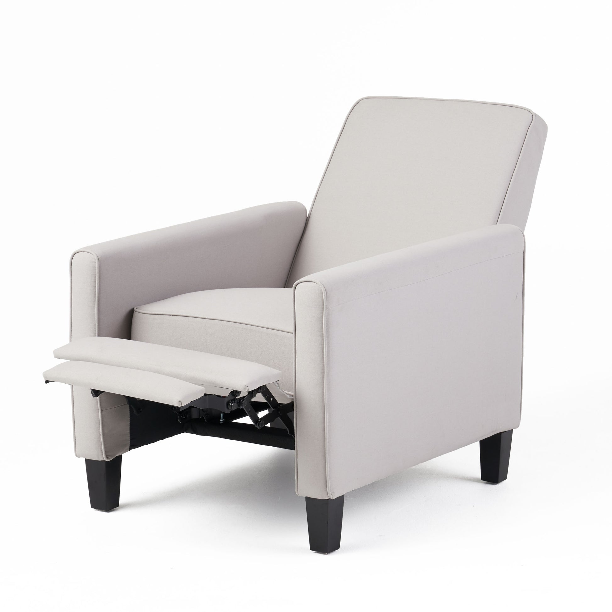 Light gray fabric recliner chair with extended footrest and black wooden legs