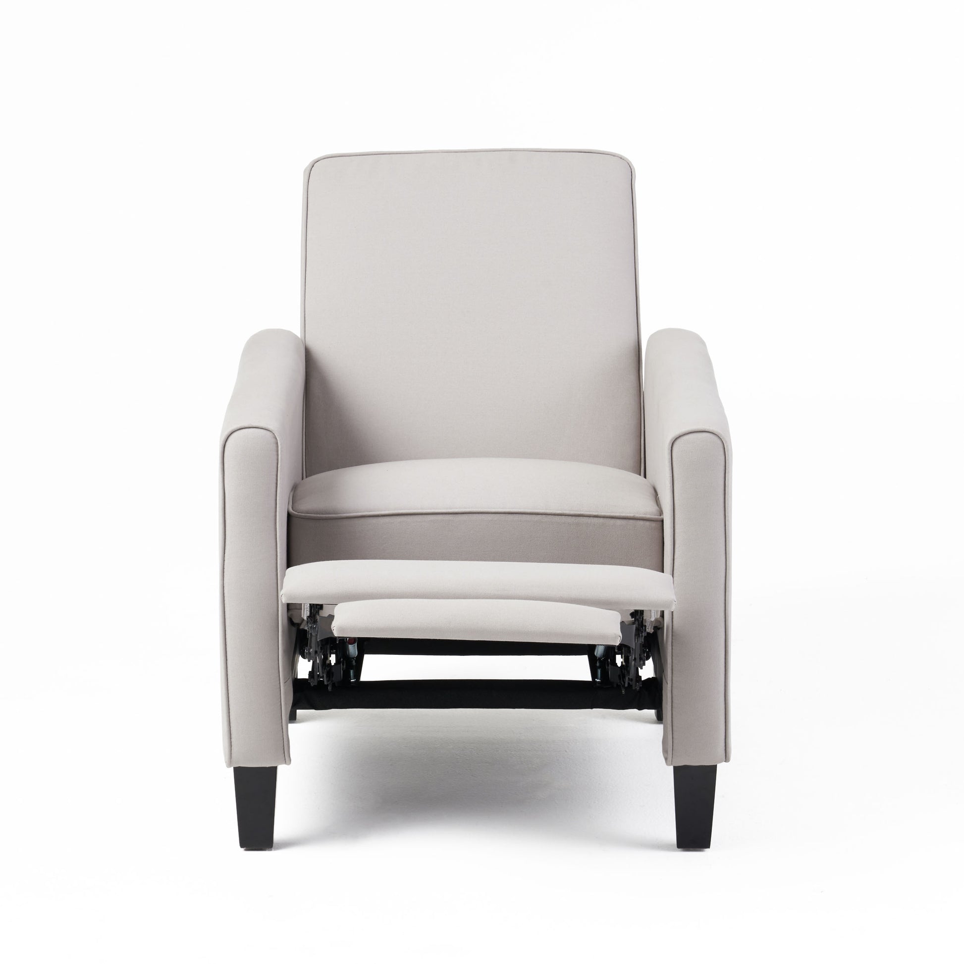 Contemporary light gray fabric recliner with extended footrest and dark wood legs