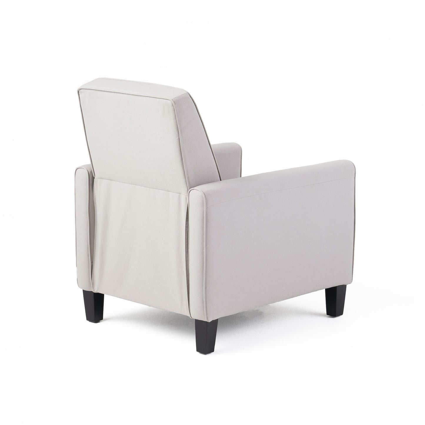 Modern light gray fabric recliner chair with dark wooden legs rear view