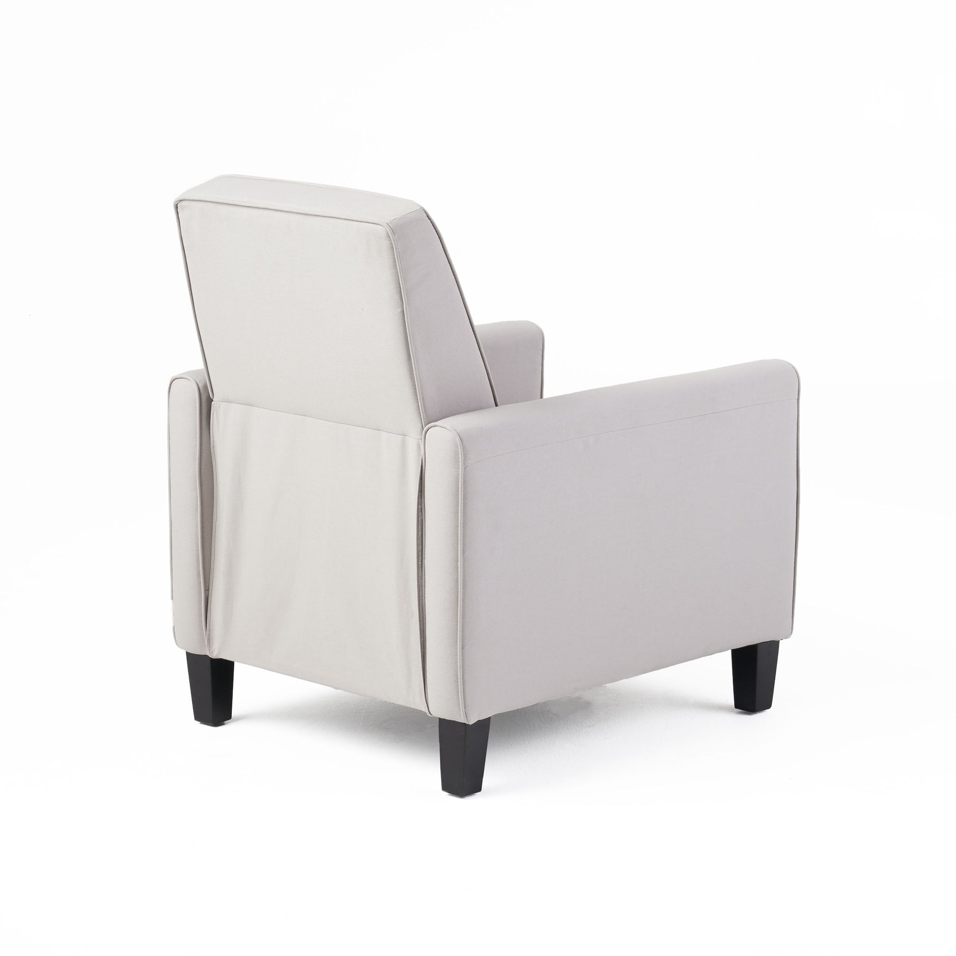 Modern light gray fabric recliner chair with dark wooden legs rear view