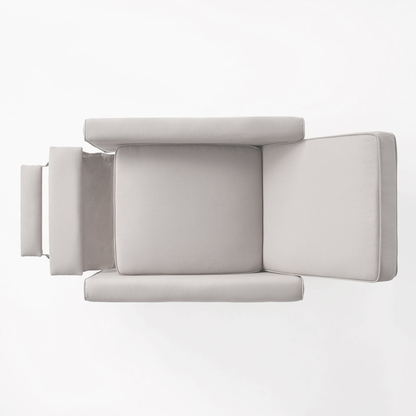 Top view of a plush light gray fabric armchair with detailed stitching and plush cushions