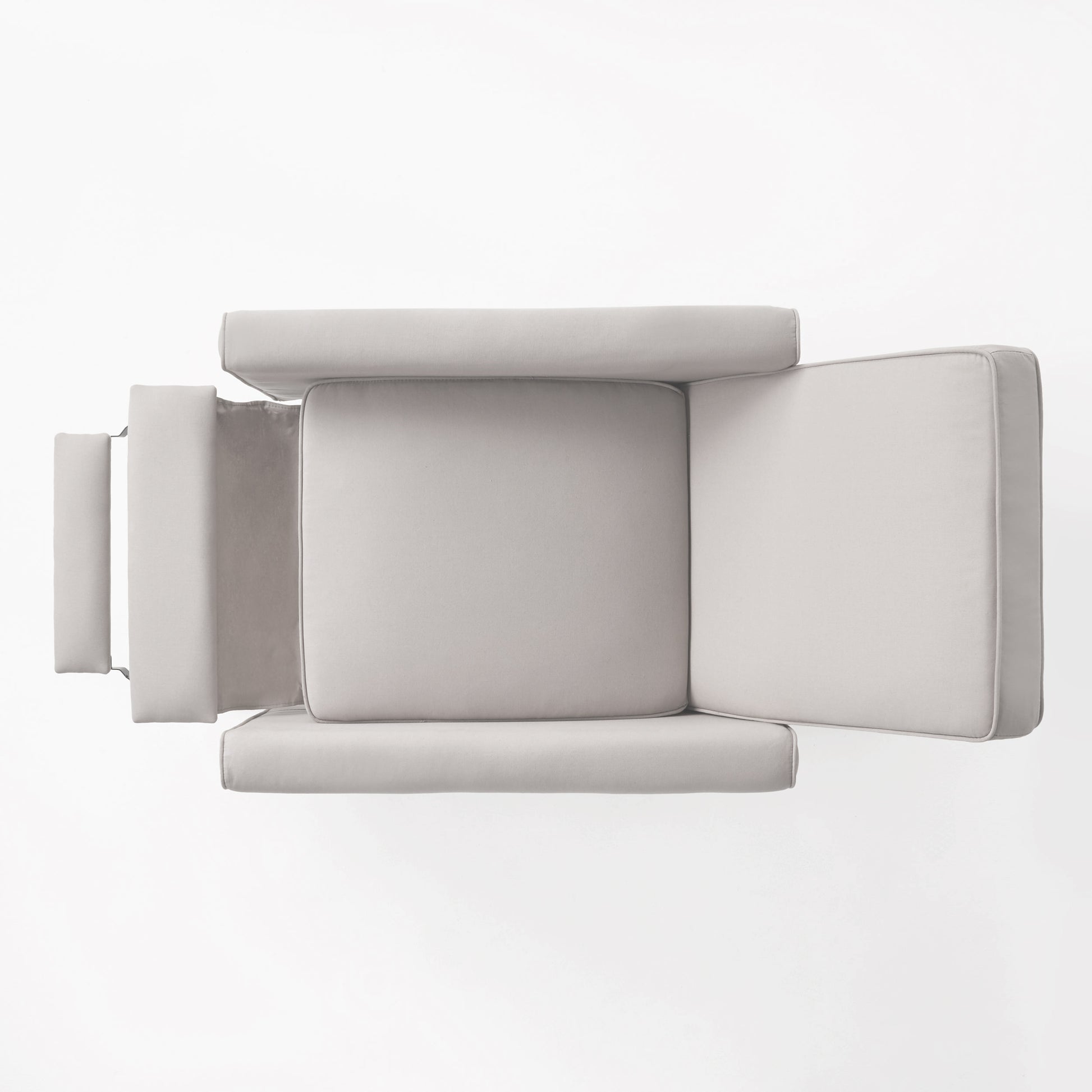 Top view of a plush light gray fabric armchair with detailed stitching and plush cushions
