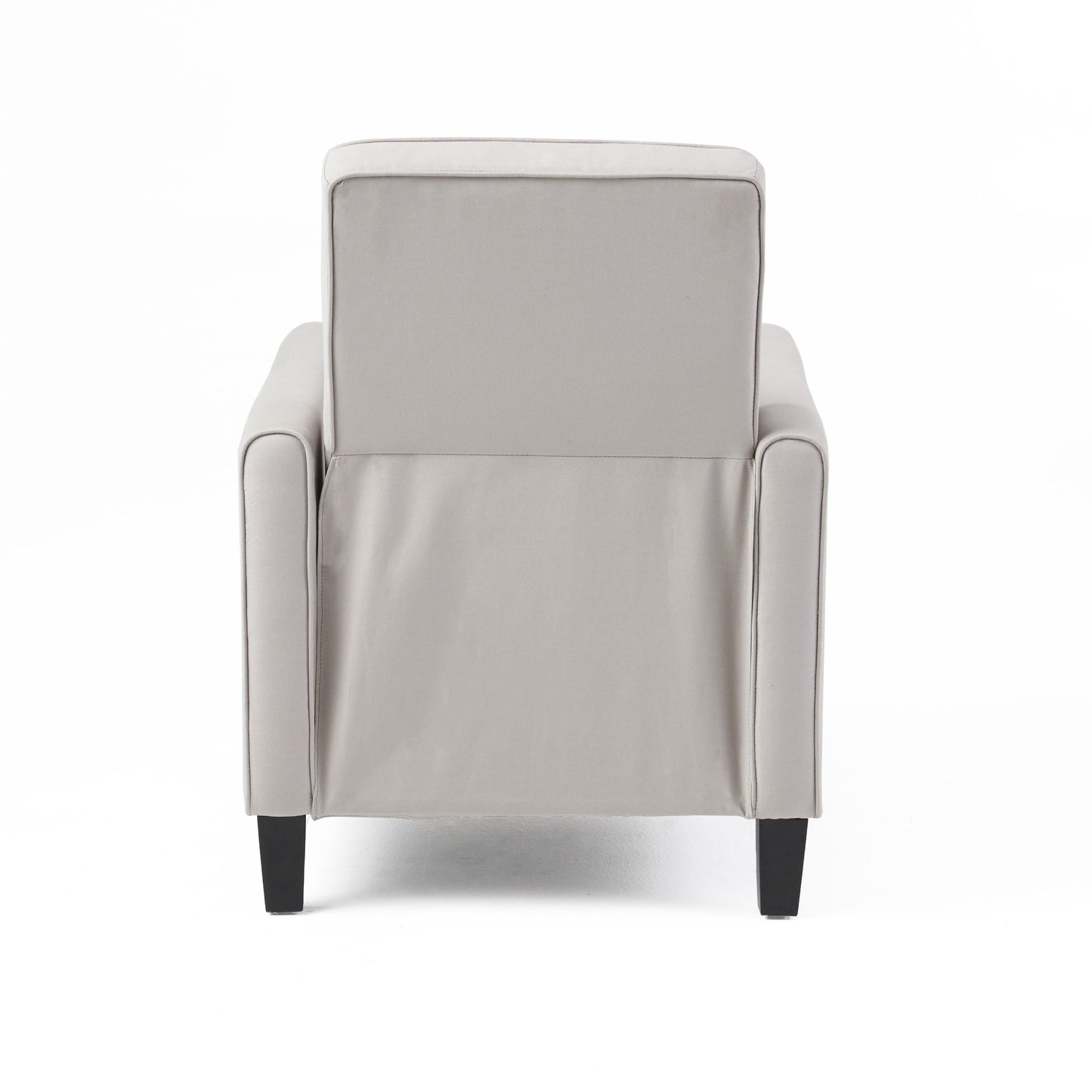 Modern grey upholstered accent chair with square arms and black tapered legs