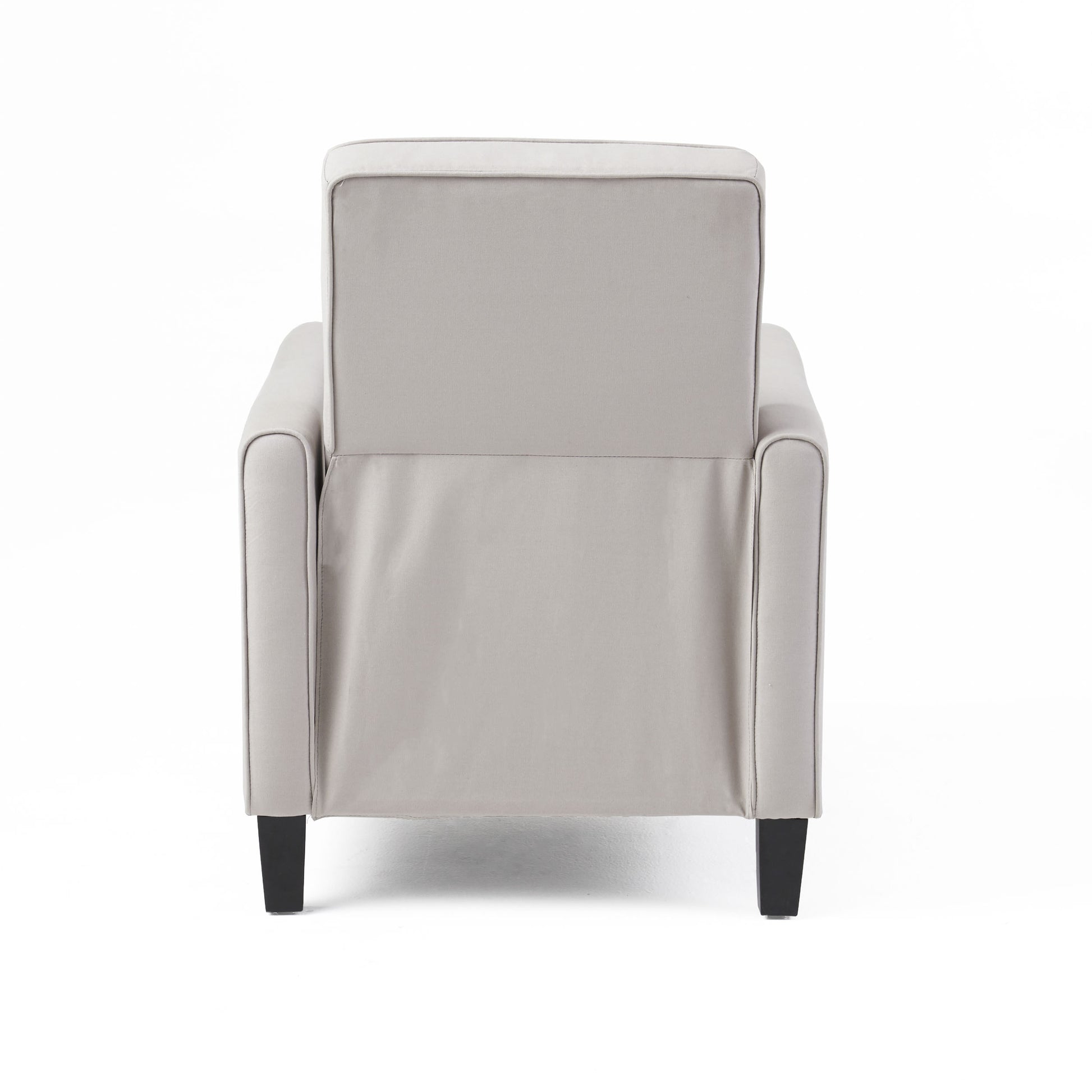 Modern grey upholstered accent chair with square arms and black tapered legs