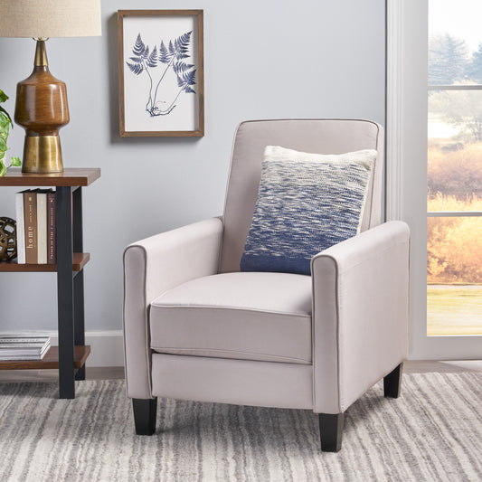 Comfortable grey fabric accent chair with blue and white gradient pillow