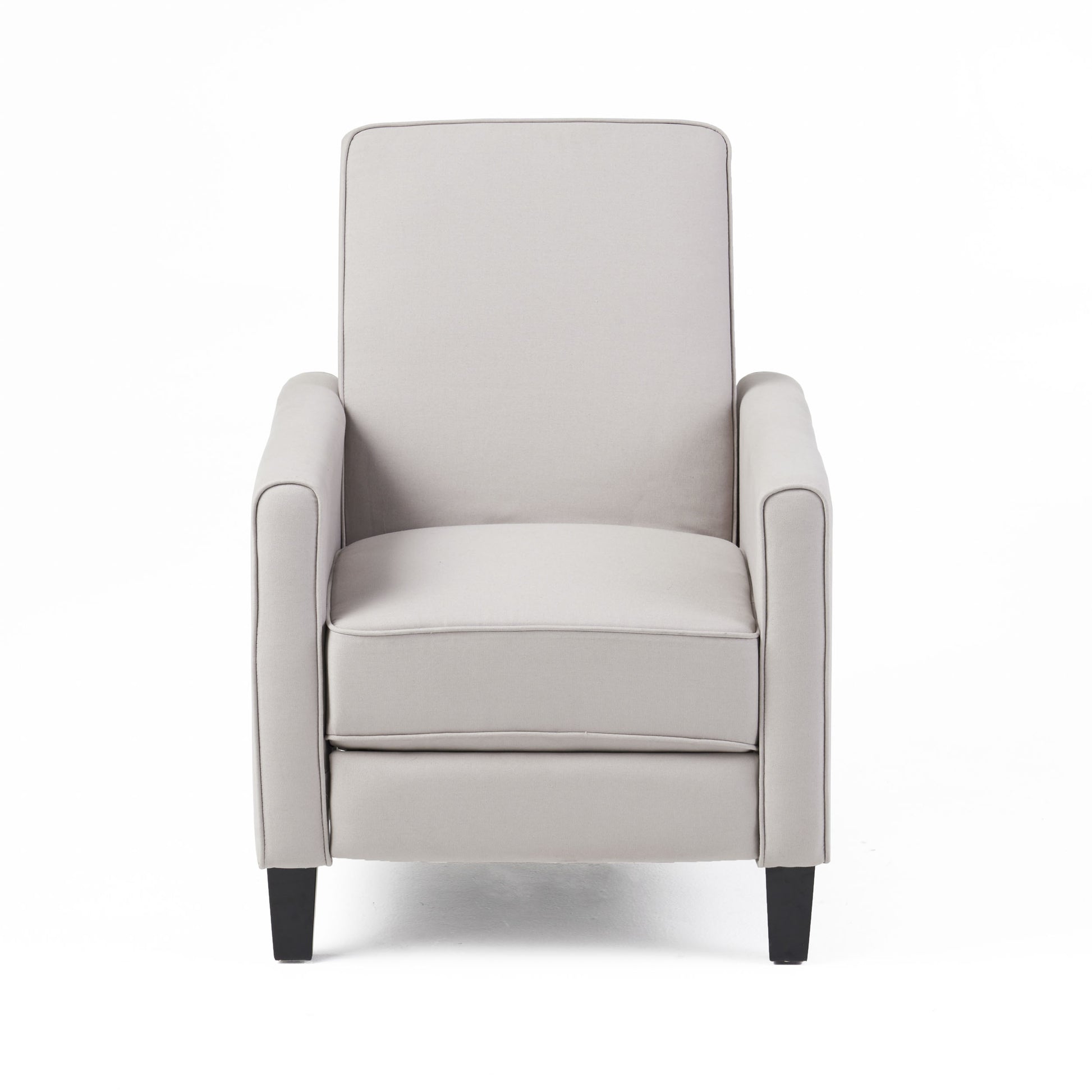 Minimalist grey fabric recliner with dark wood legs and padded arms