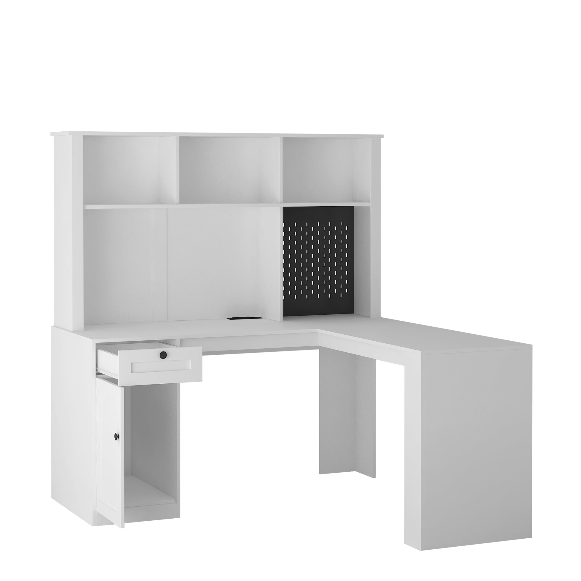 Modern white Lshaped desk with hutch and integrated pegboard for organization