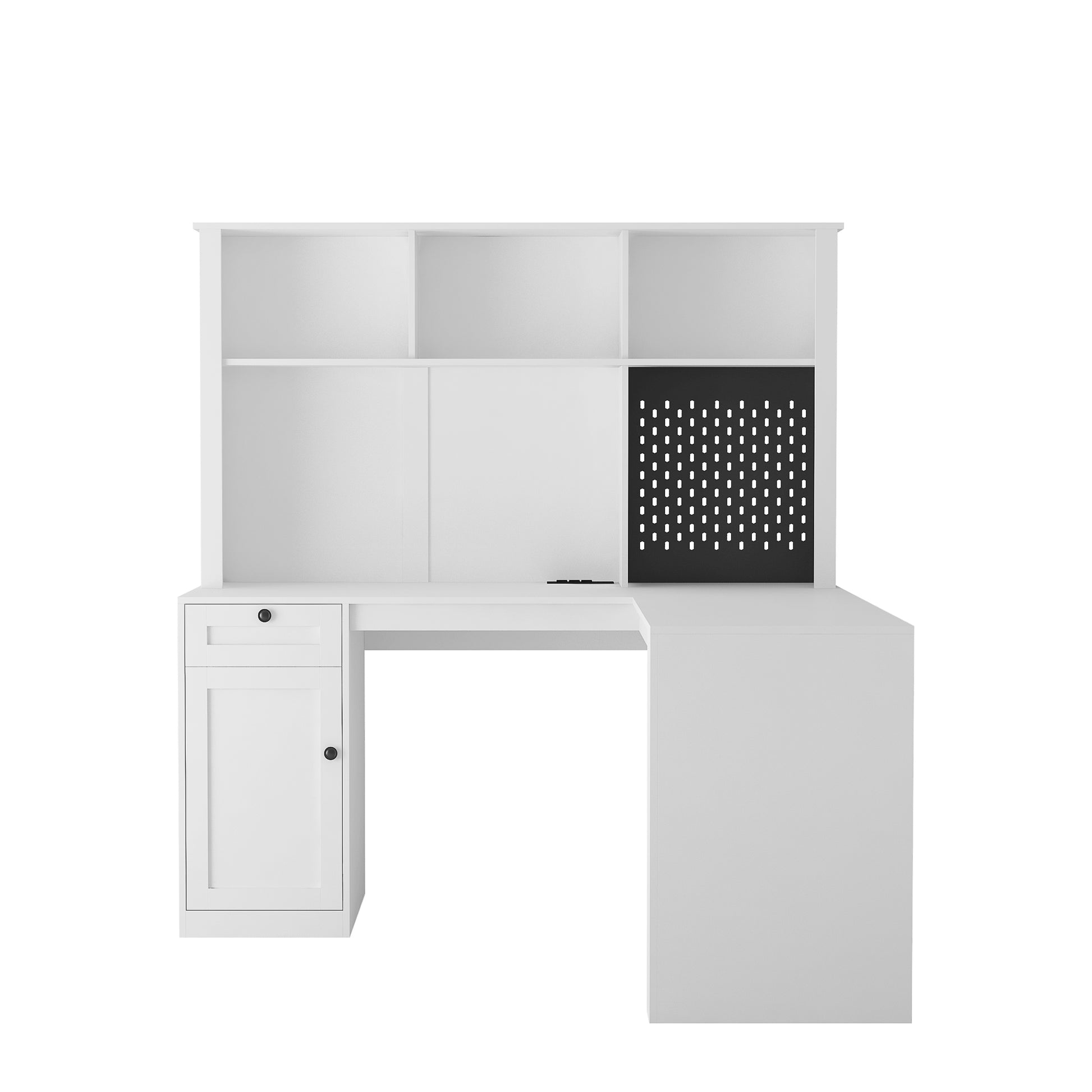 White Lshaped computer desk with hutch and pegboard organizer