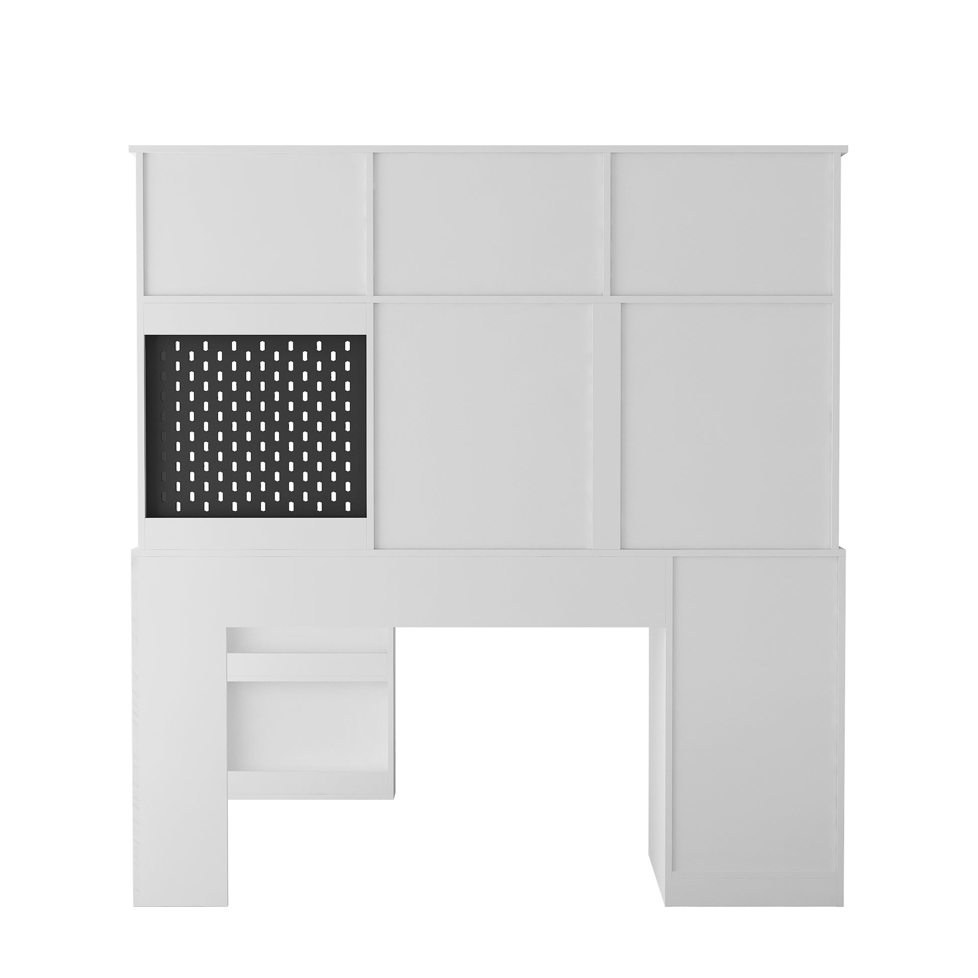 Modern white shelving unit with black pegboard section for organized storage solutions
