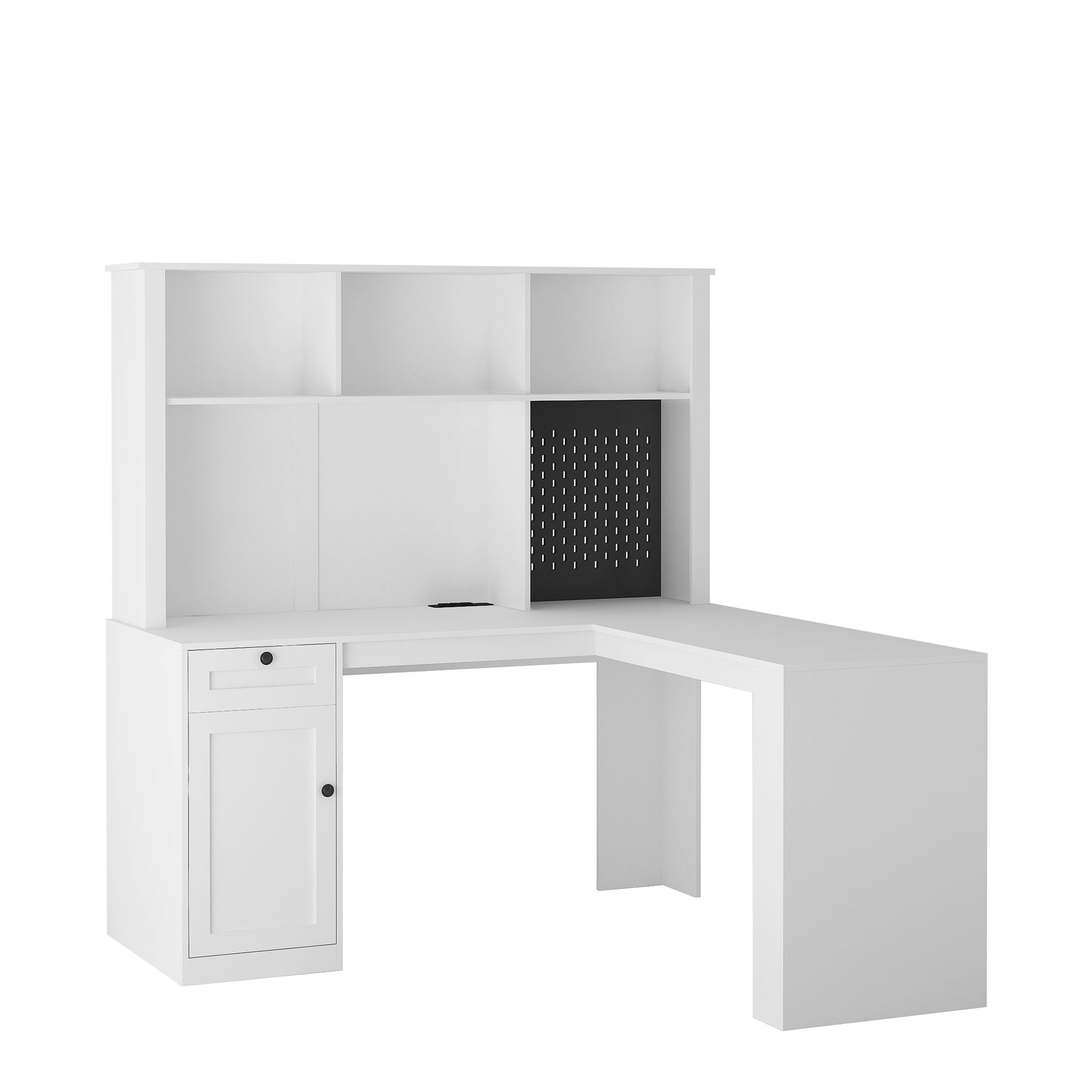 White Lshaped computer desk with hutch and storage cabinet