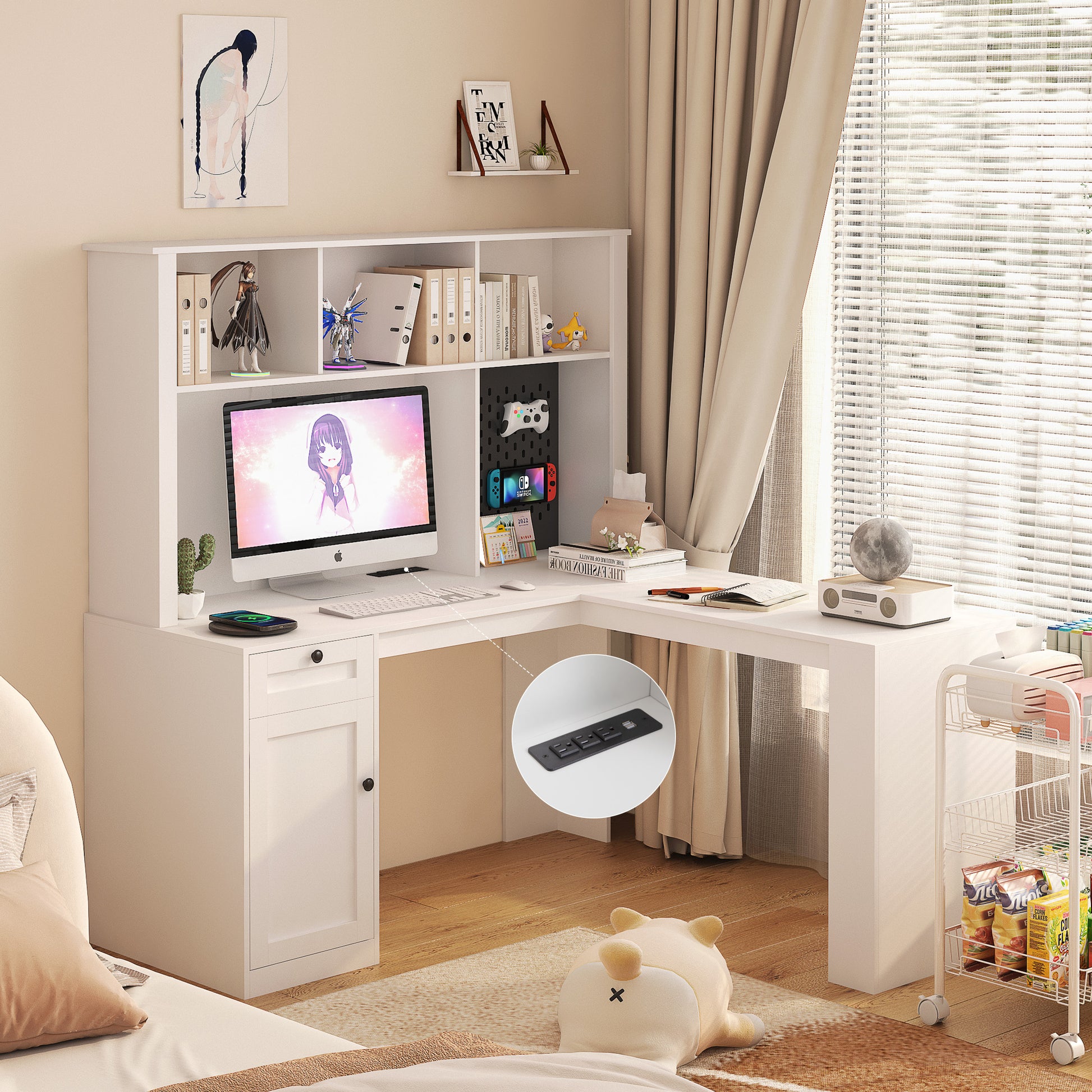 White Lshaped computer desk with hutch and storage drawers perfect for home office setup