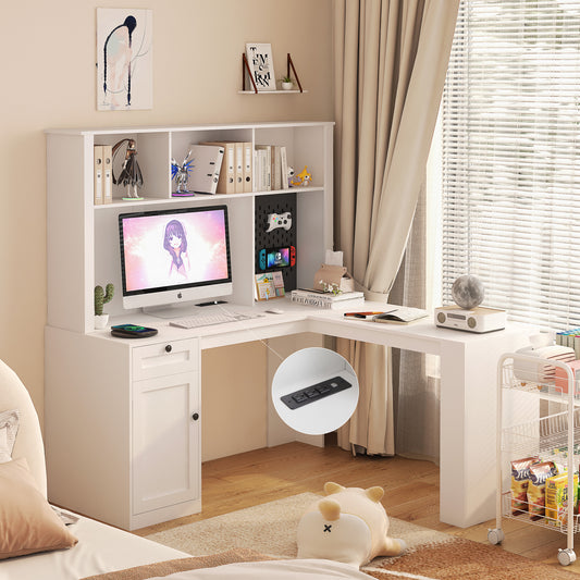 White Lshaped computer desk with hutch and storage drawers perfect for home office setup