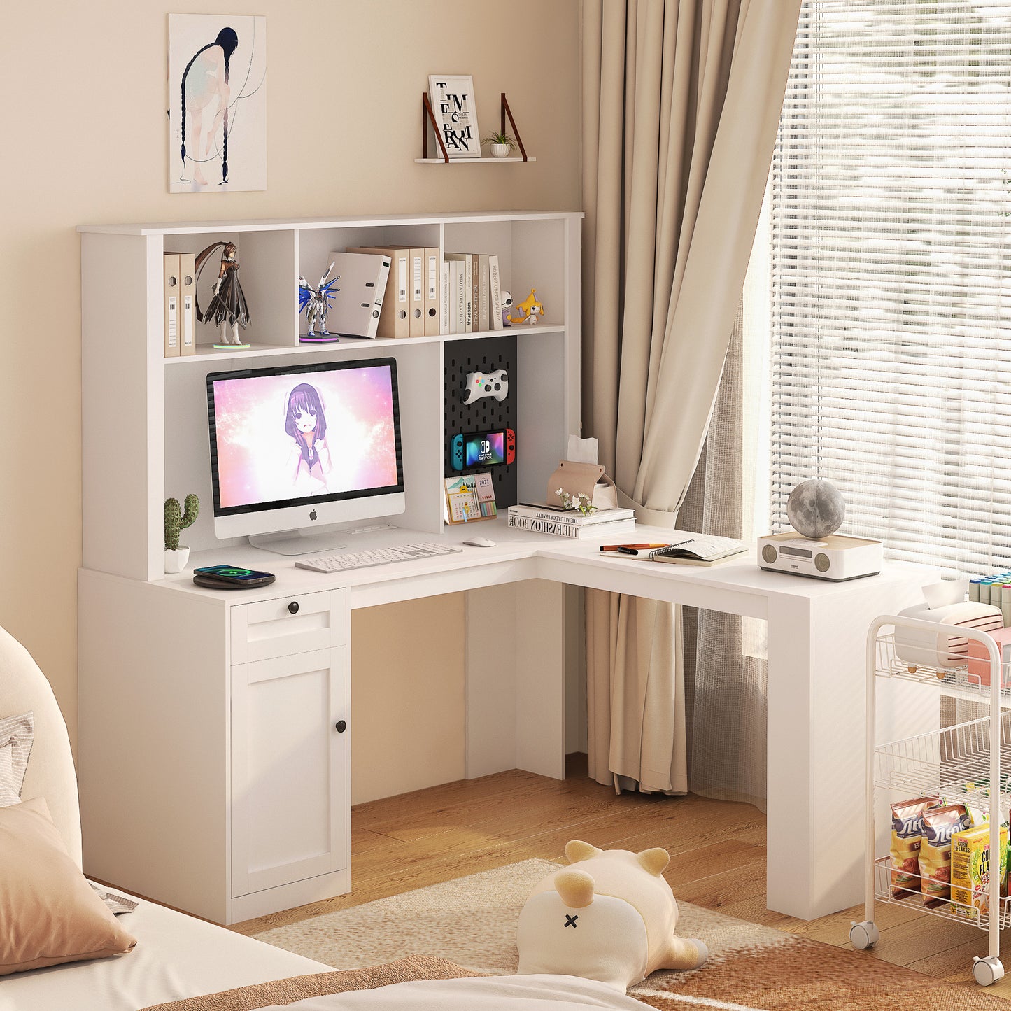 White lshaped computer desk with shelves drawers and organizer for student study