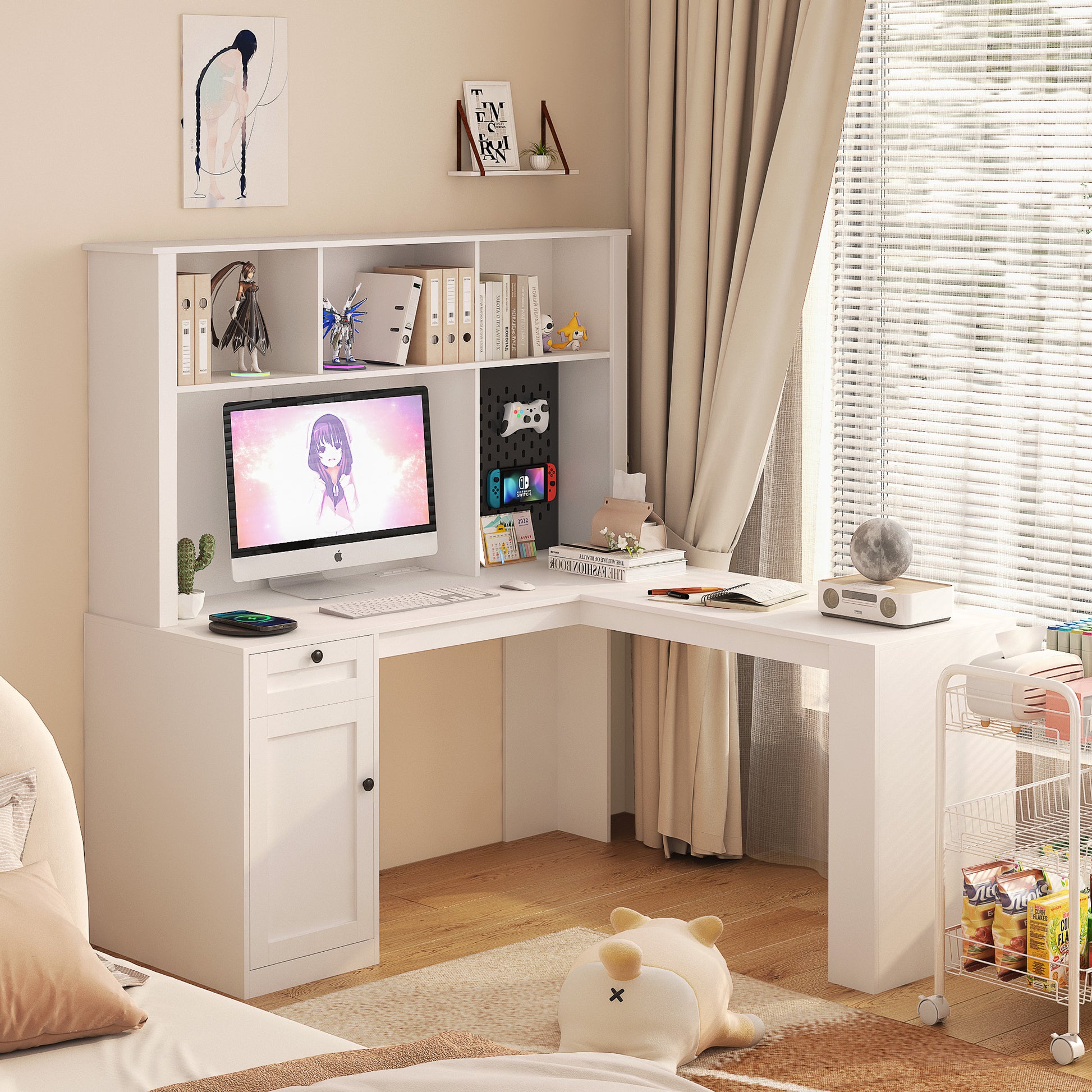 White lshaped computer desk with shelves drawers and organizer for student study
