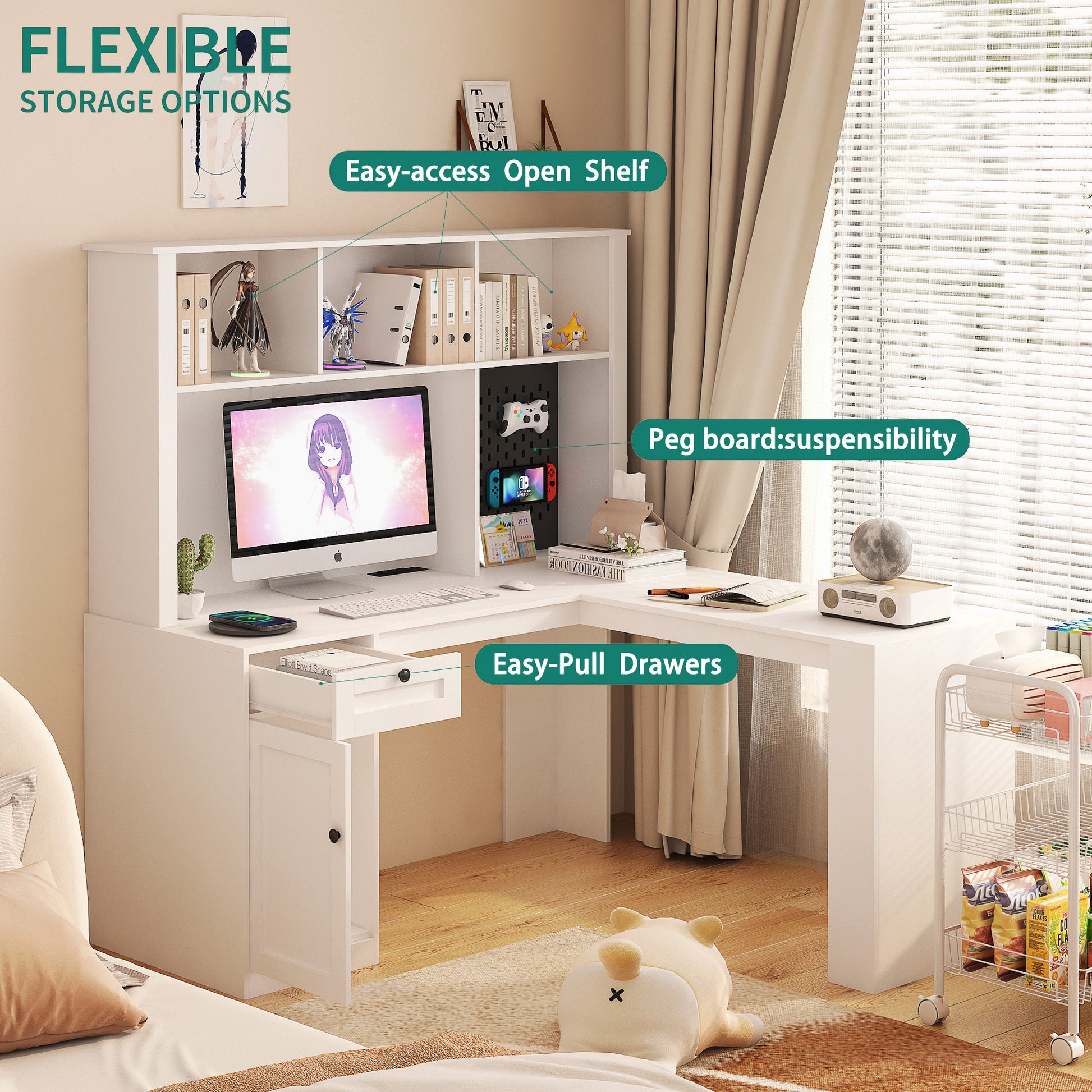 White Lshaped computer desk with hutch and multiple storage options