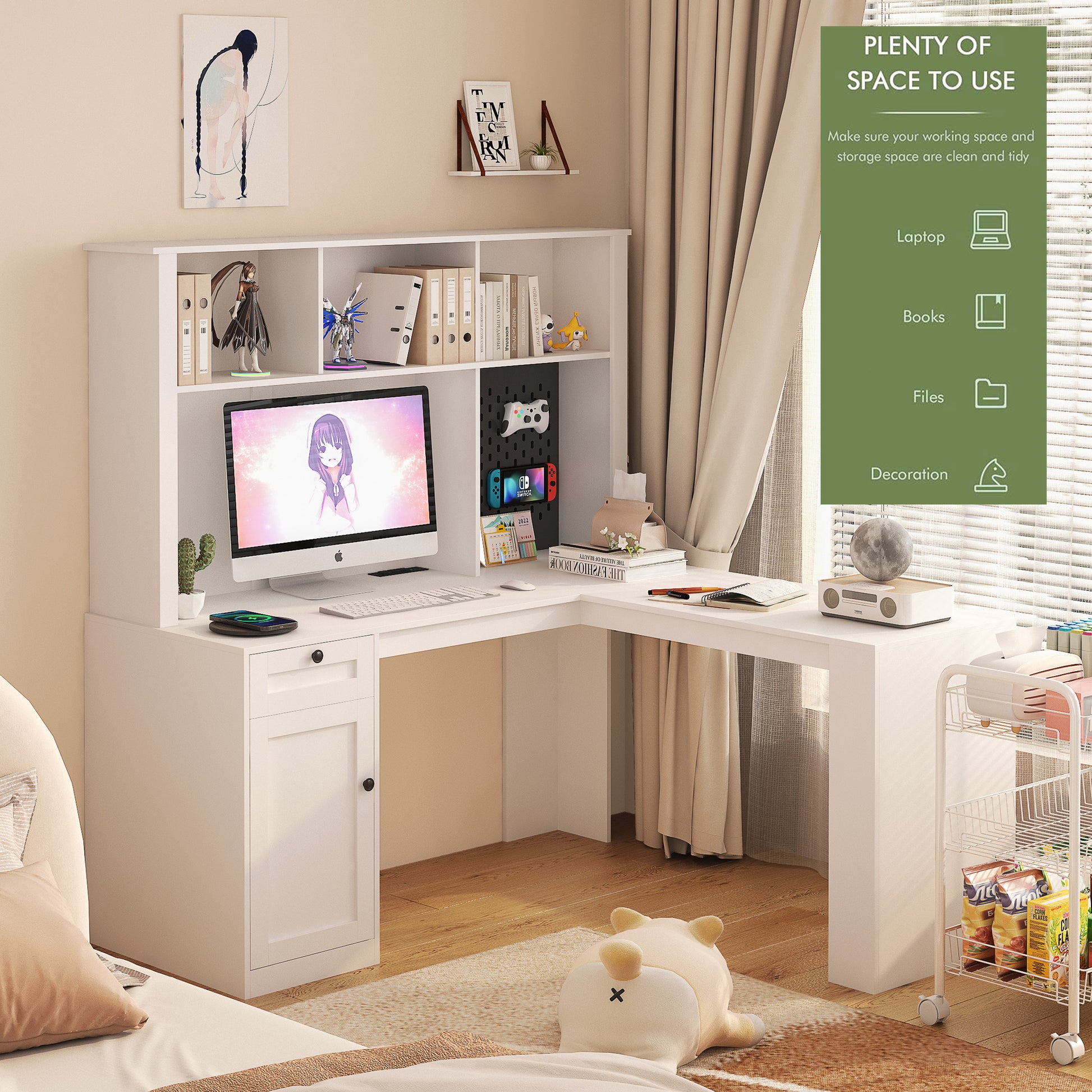 White Lshaped computer desk with hutch and integrated storage perfect for home offices