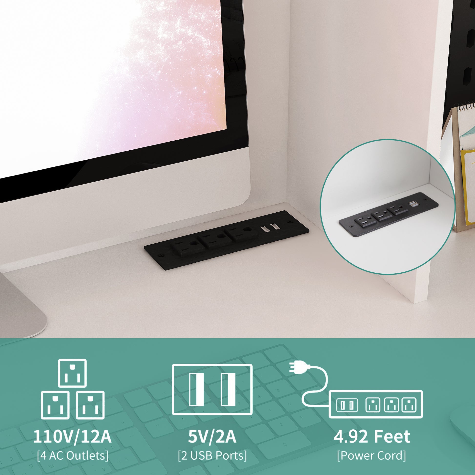 Embedded black power strip with  AC outlets and  USB ports on a white desk