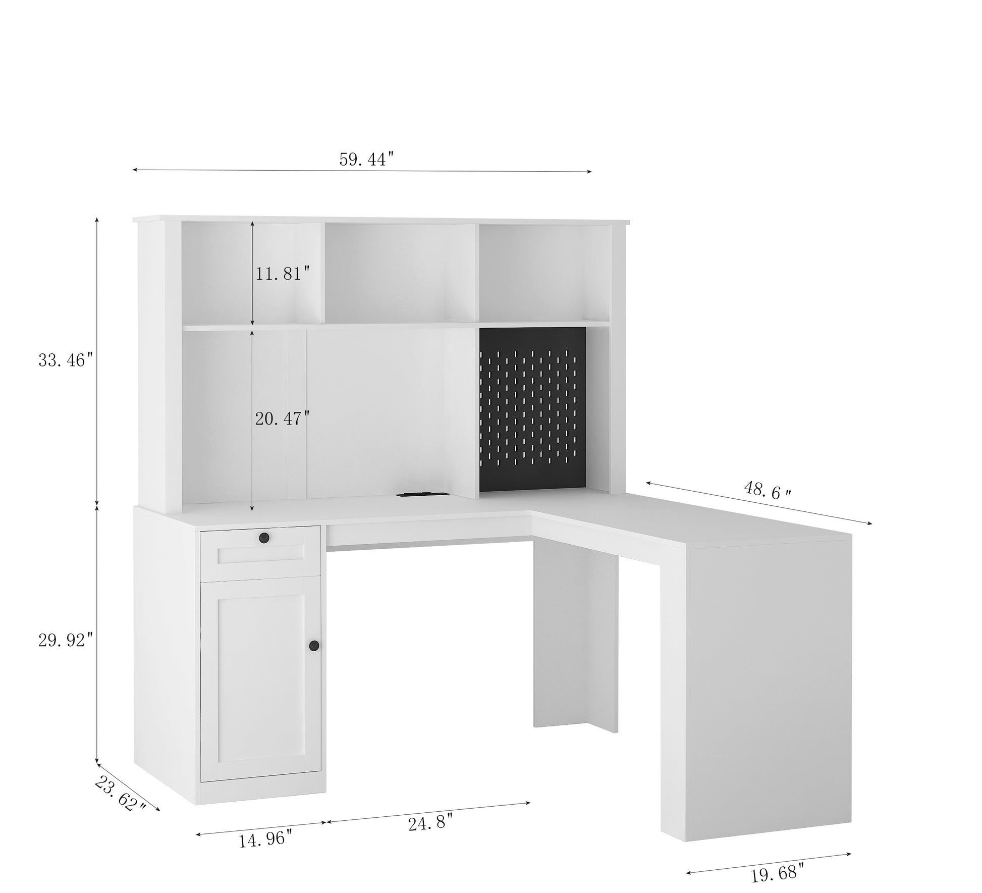 White Lshaped desk with hutch drawers and pegboard for home office