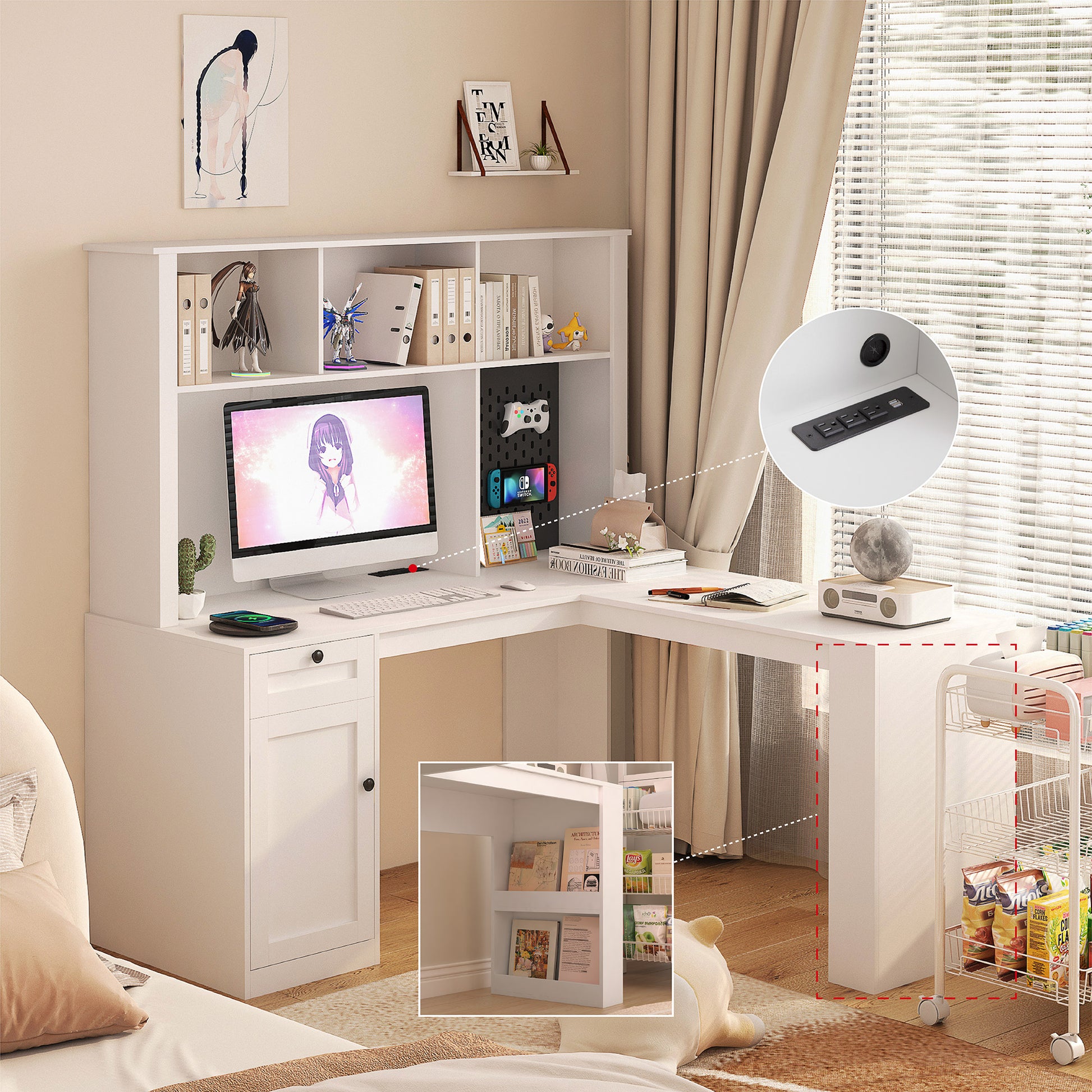 Modern white Lshaped computer desk with integrated shelving and storage drawers